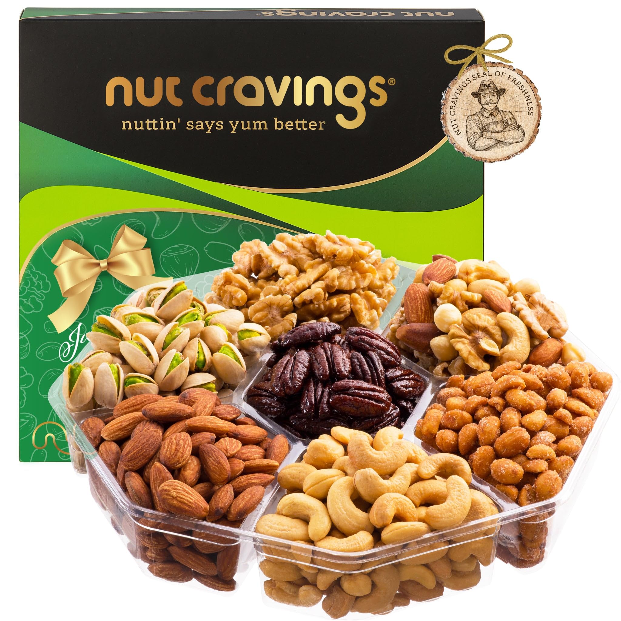 NUT CRAVINGS - Diwali Mixed Nuts Gift Basket in Green Gold Box (7 Assortments, 2 LB) Food Arrangement, Healthy Snack Care Package, Food Assortments