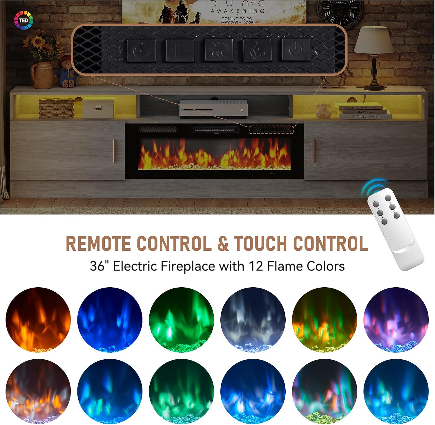 Remote and touch control for electric fireplace with 12 flame colors