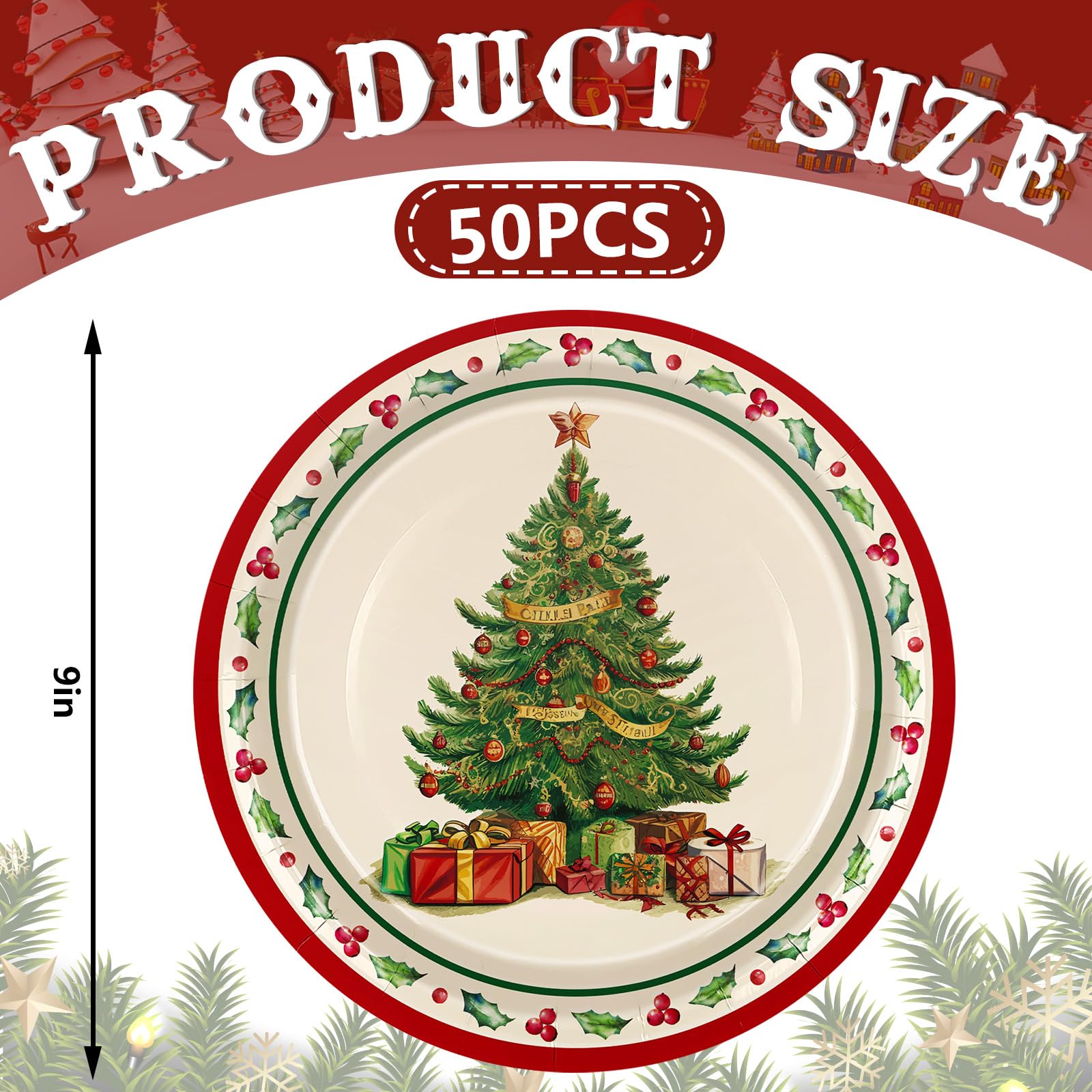 JarThenaAMCS 50 platos de papel de Navidad de 9 pulgadas, platos desechables vintage para árbol de Navidad, platos desechables para Navidad, fiesta de invierno, suministros de vajilla