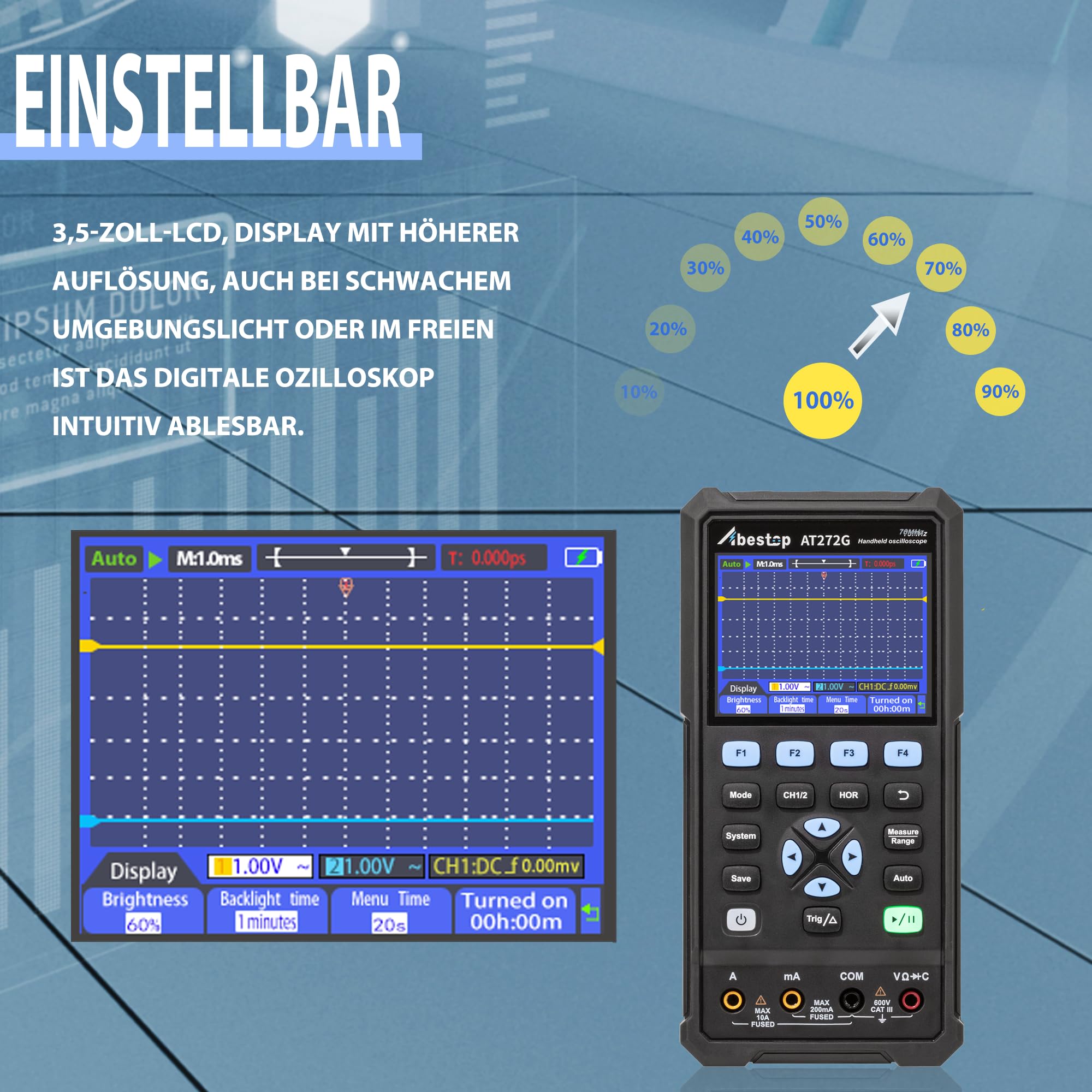 Osciloscopio digital Abestop AT272G de mano de 70 MHz osciloscopio de 2 canales y multímetro de contador de 20.000 funciones 3 en 1 con generador de forma de onda de 1 canal para medición automática