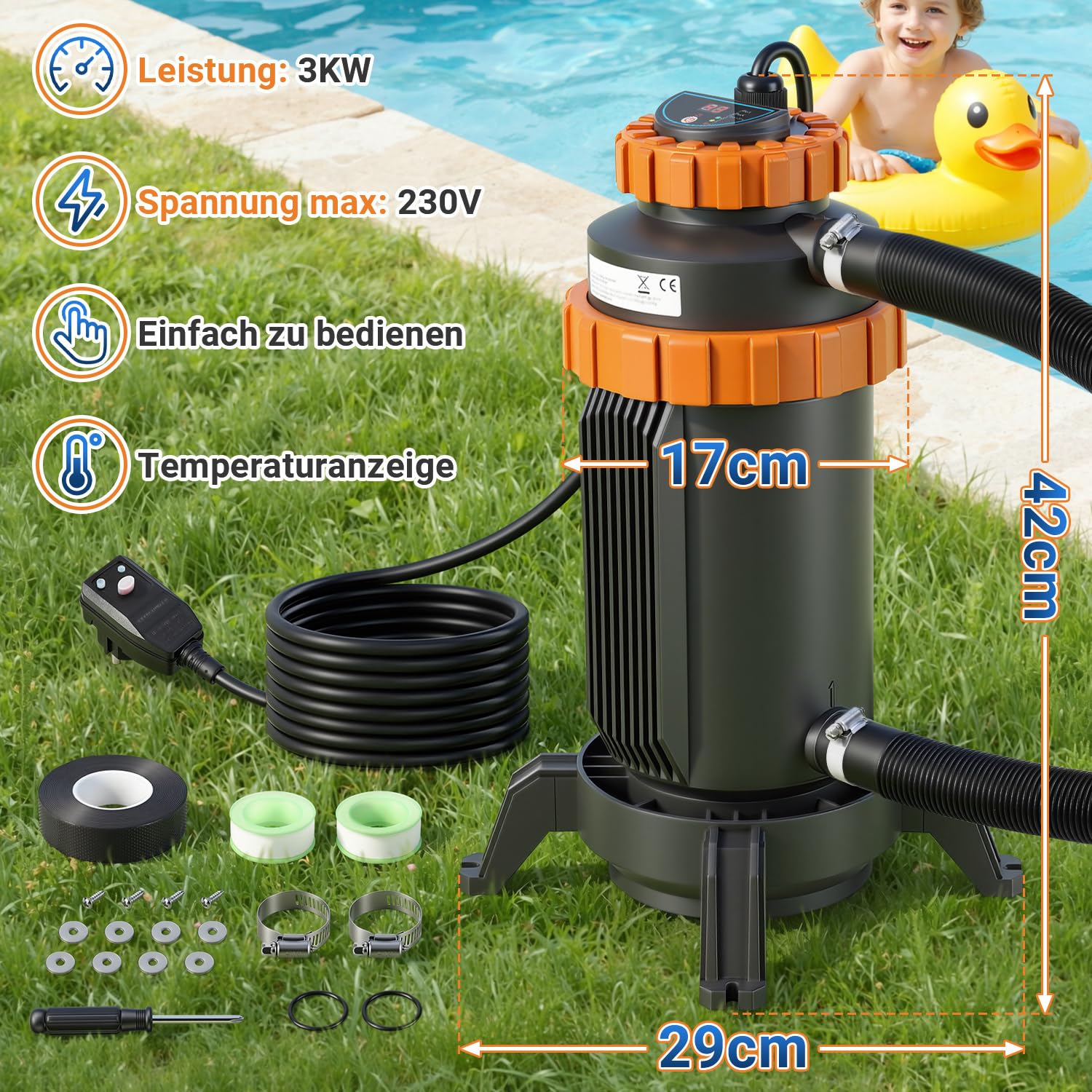 Calefacción para piscina de agua caliente, diámetro de 17 x 42 cm, con pantalla digital y conservación automática del calor, conexión de 32 a 38 mm