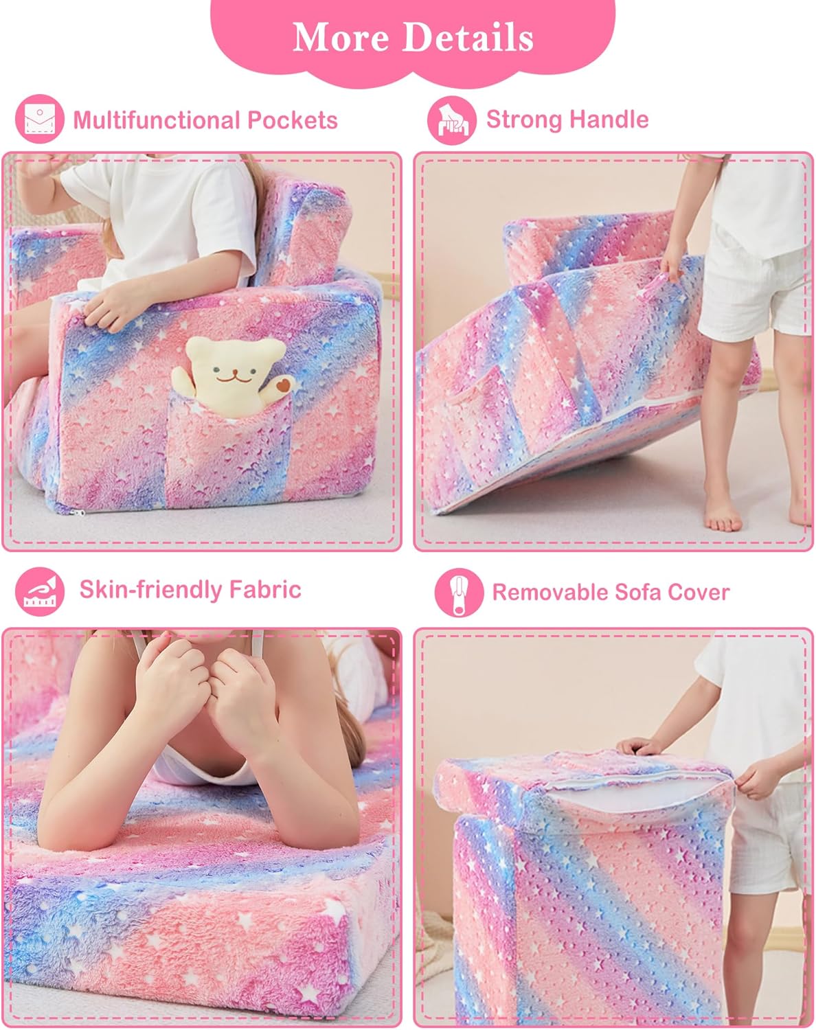 Toddler Couch, 2-in-1 Soft Kids Couch Bed Fold Out, Toddler Chairs Comfy for Boys & Girls, Convertible Kids Sofa to Lounge for Playroom, Gift for Birthday, Children's Day- Glow Star - Image 9