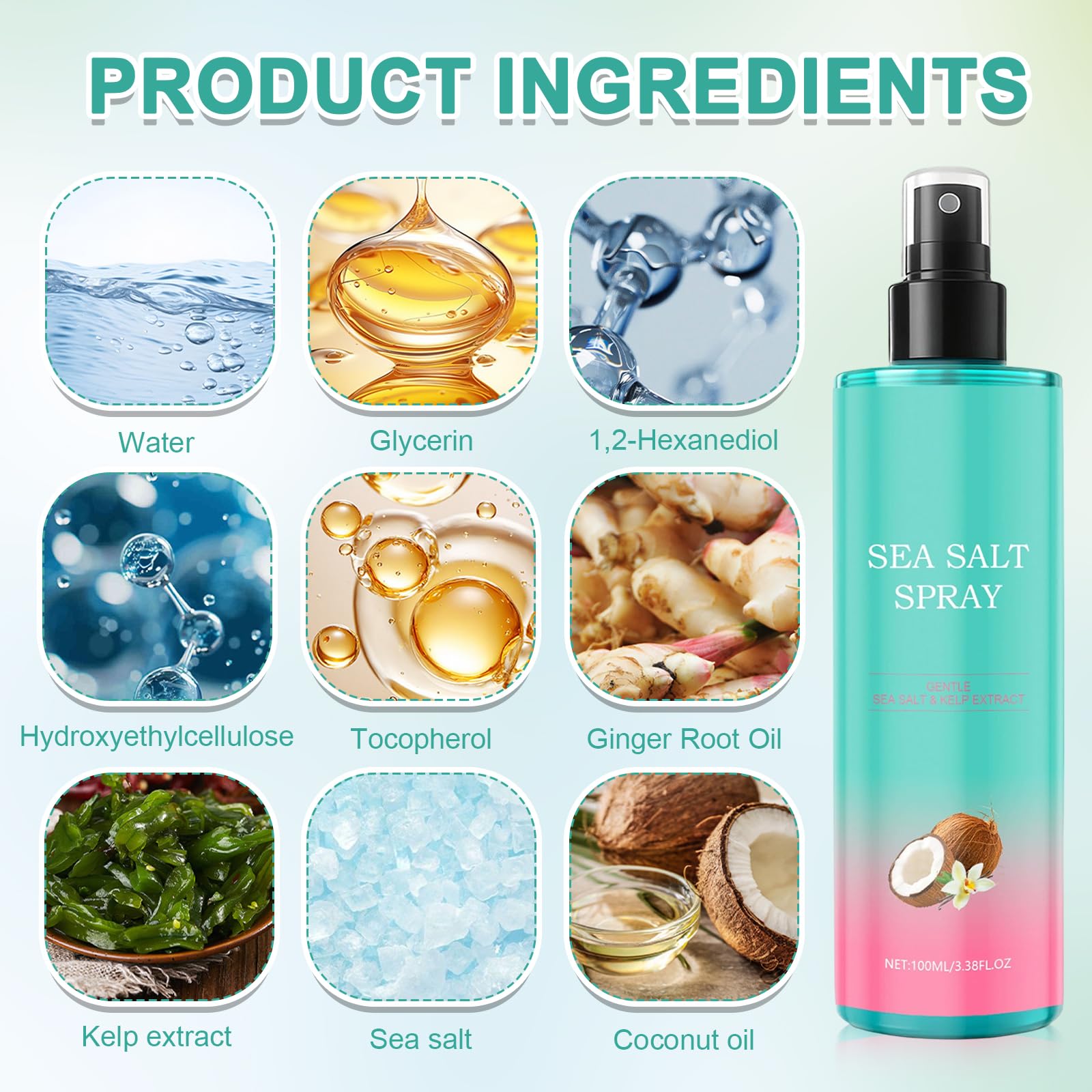 2 Pièces Sea Salt Spray, 100ml Spray Cheveux Sel de Mer avec Sel Marin Naturel pour Volume, Brillant & Tenue Flexible, Texturisant Cheveux pour Boucles et Vagues Beach, Finition Mate, Unisexe
