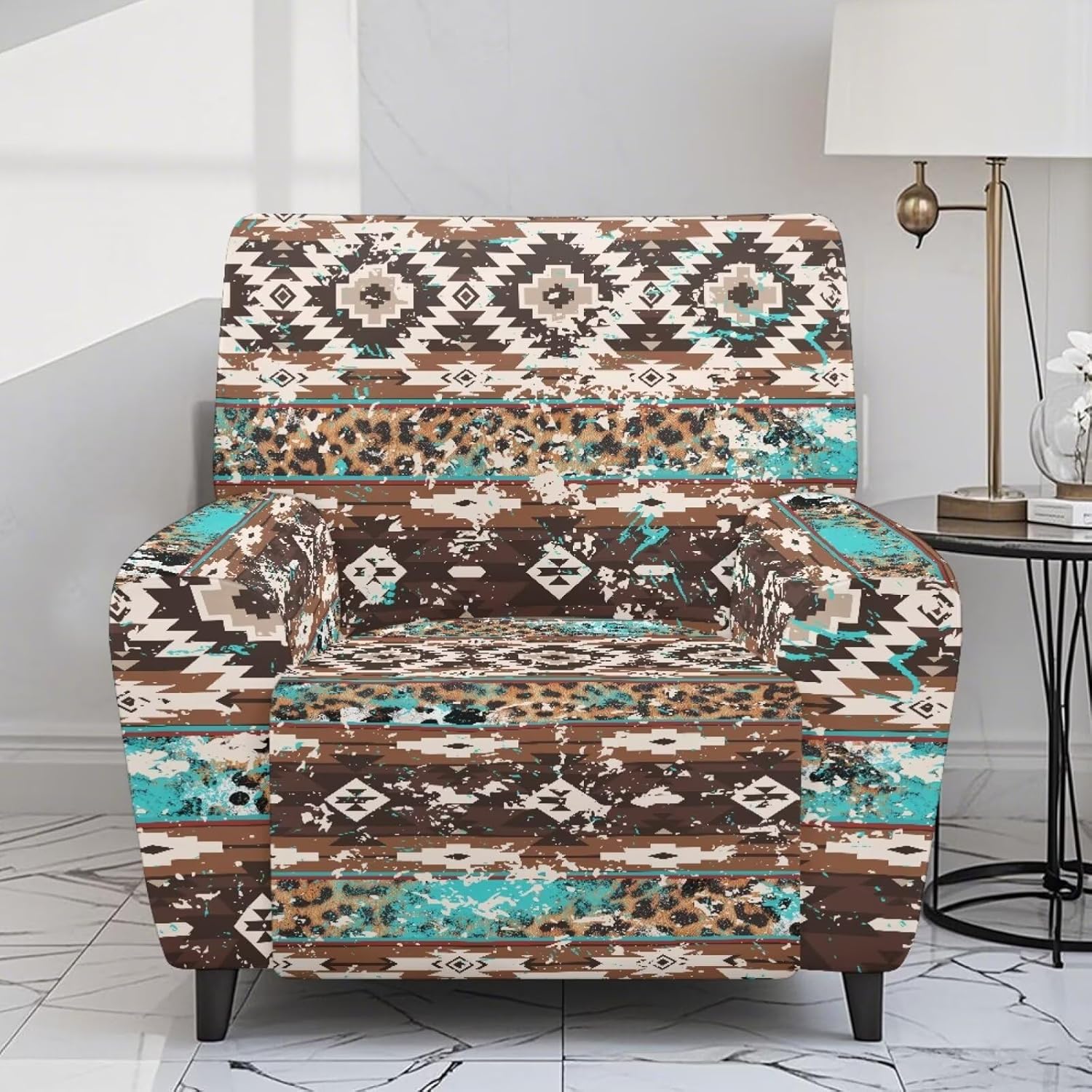 Aztec Leopard Print Recliner Chair Covers 4 Pieces Recliner Cover That Stay in Place, Washable Lazy Boy Reclining Sofa Slipcovers with Pockets Reclining Protector for Pet, Kids