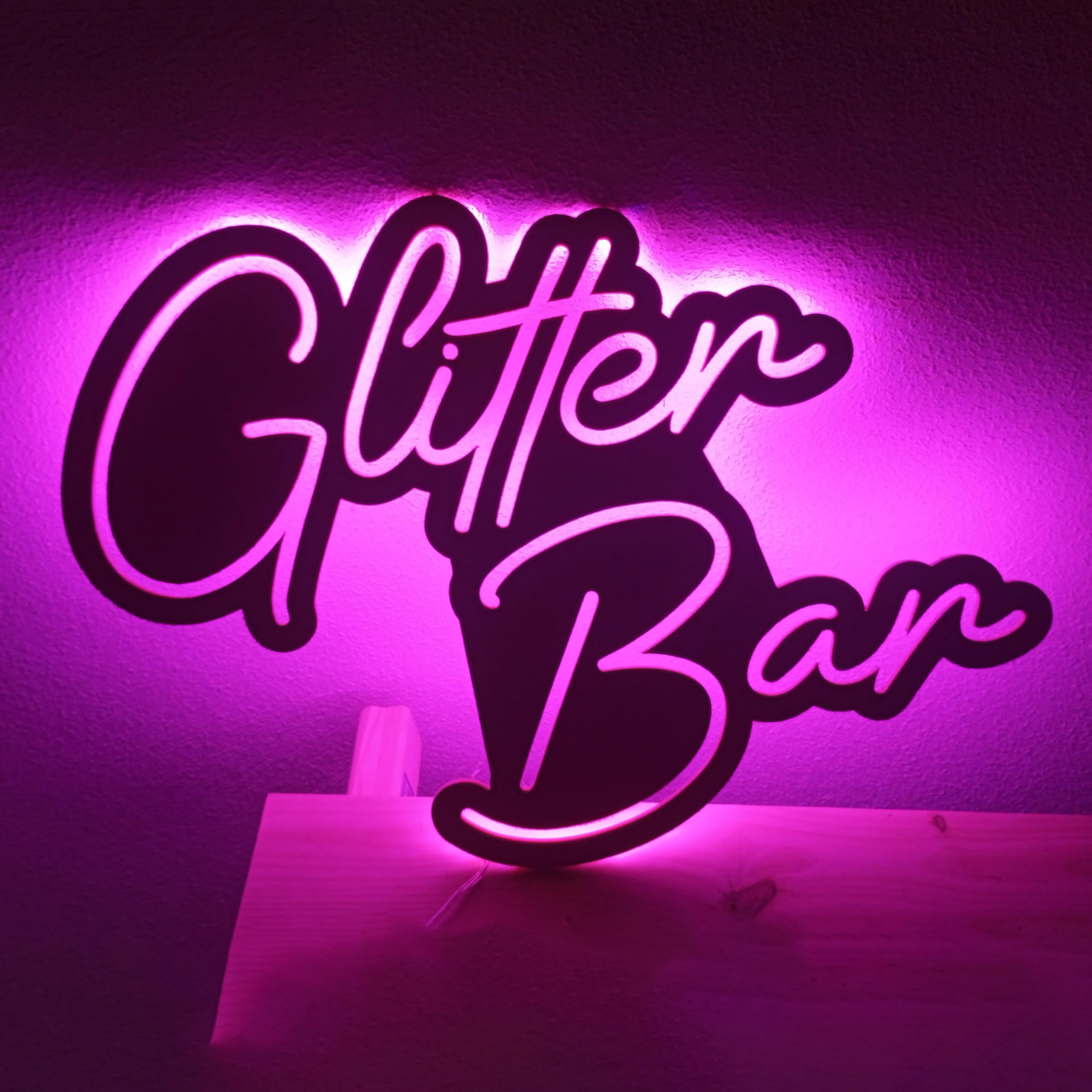 Cartel luz de neon-led Glitter Bar sobre madera - Letrero luminoso fiesta purpurina eventos