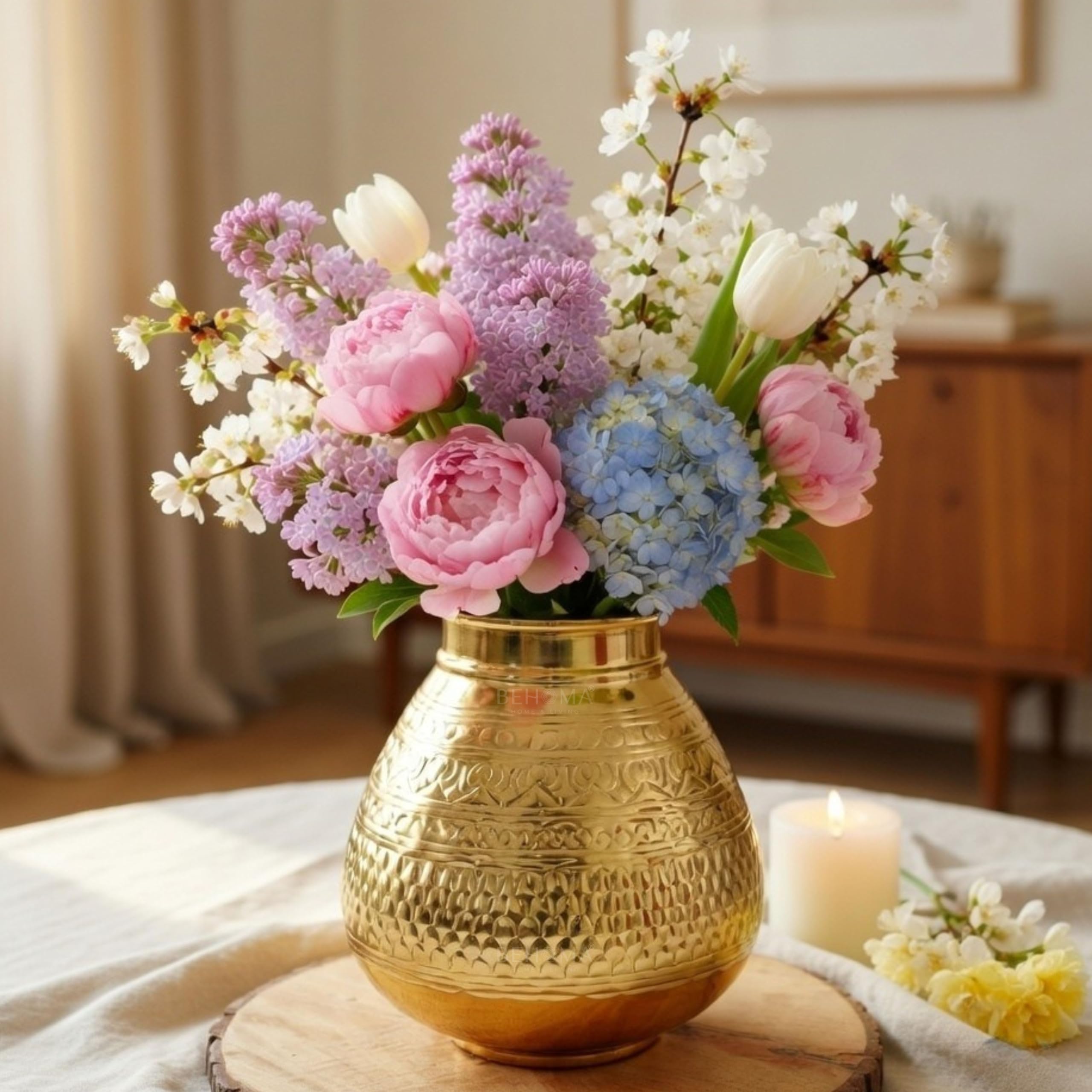 Behoma Matki Shape Metal Flower Vase for Home Decor, Traditional Embossed Metal Flower Pot for Office Table Decorations, Modern vases, Gift for Festival, 8 inches, Golden 1 Pc (Flowers not Included)