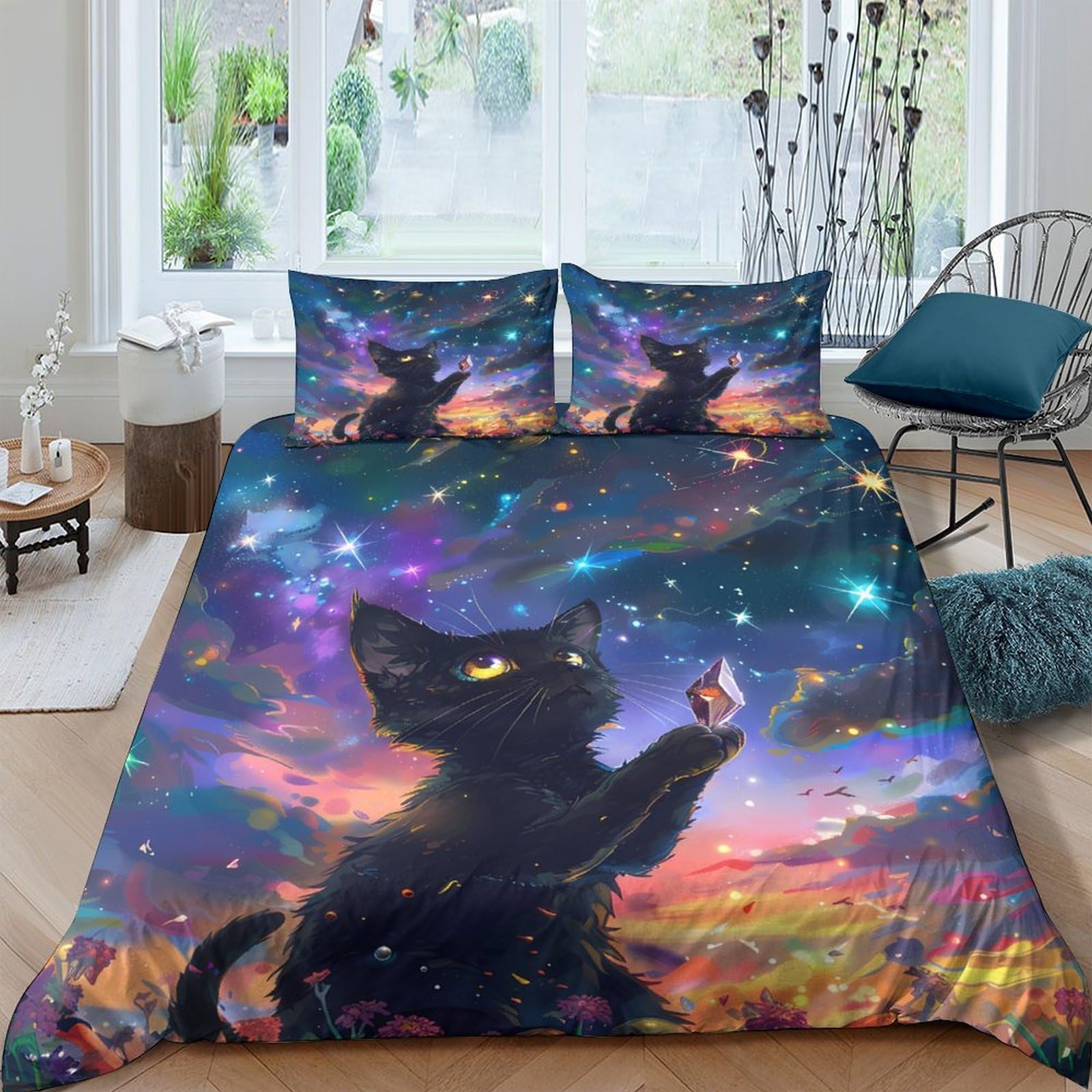 Ctjqhvkz Style-4 3D Printed Black Cat Galaxy Fitted Sheet Microfiber Soft Bed Sheet Cosmic Nebula Bedroom Cover Machine Washable Single（135X200cm）