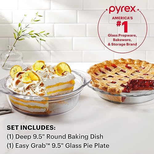 Miniatura 2 de Pyrex Deep - Juego de 2 platos de vidrio para hornear (9.5 pulgadas), utensilios de vidrio redondos para hornear, lavavajillas, microondas,