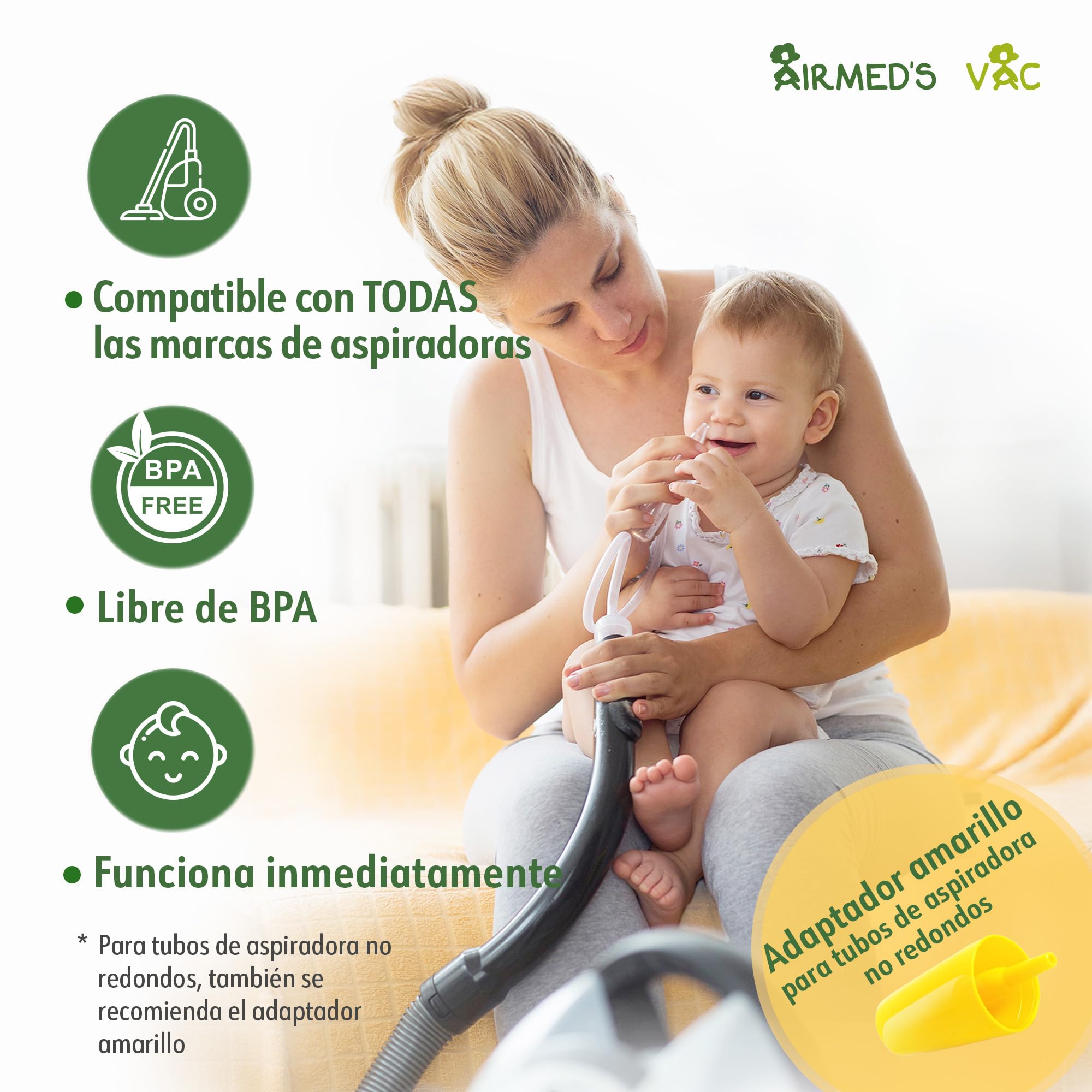 Airmed's Vac Aspirador nasal bebés. Clínicamente probado, seguro y suave | Nariz despejada en 3 segundos. Con 2 cabezales de succión y cepillo de limpieza incluido. Apto para todas las aspiradoras