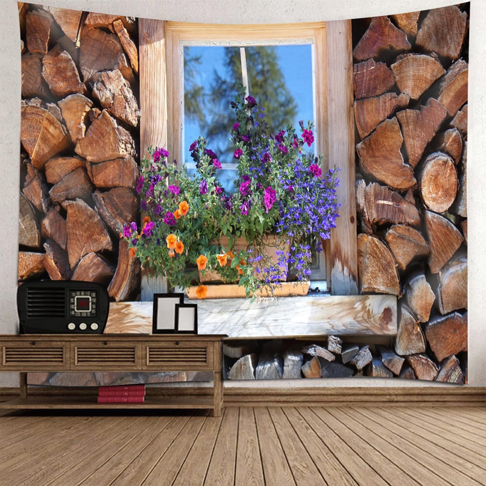 Tapiz colgante de pared con paisaje de madera y flores para dar un toque natural al salón 6