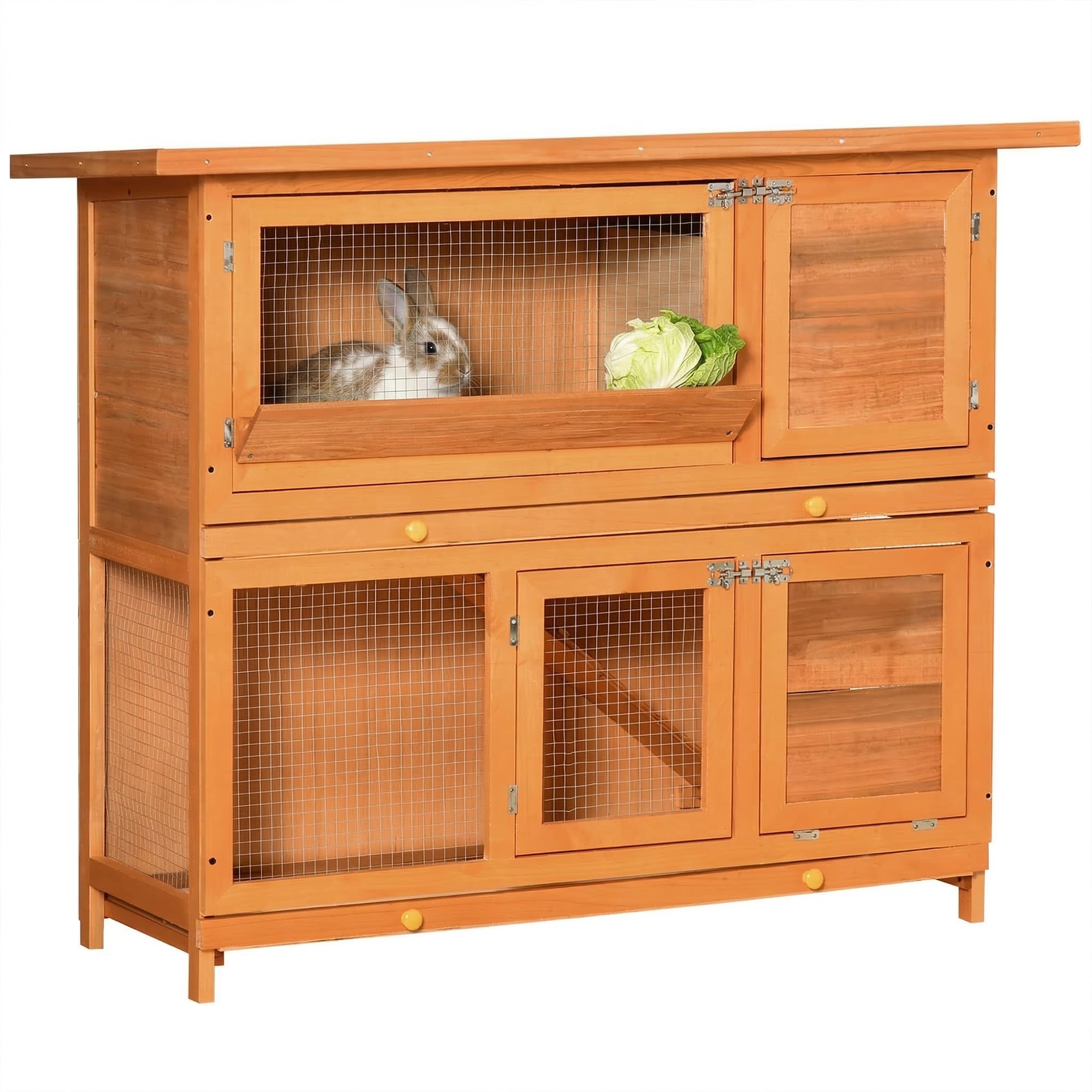 PawHut Conejera de Madera Exterior de 2 Niveles, Jaula para Conejos con Techo de Asfalto Abatible, Puertas, Rampa y 2 Bandejas Extraíbles, 120x48x100 cm, Madera Natural