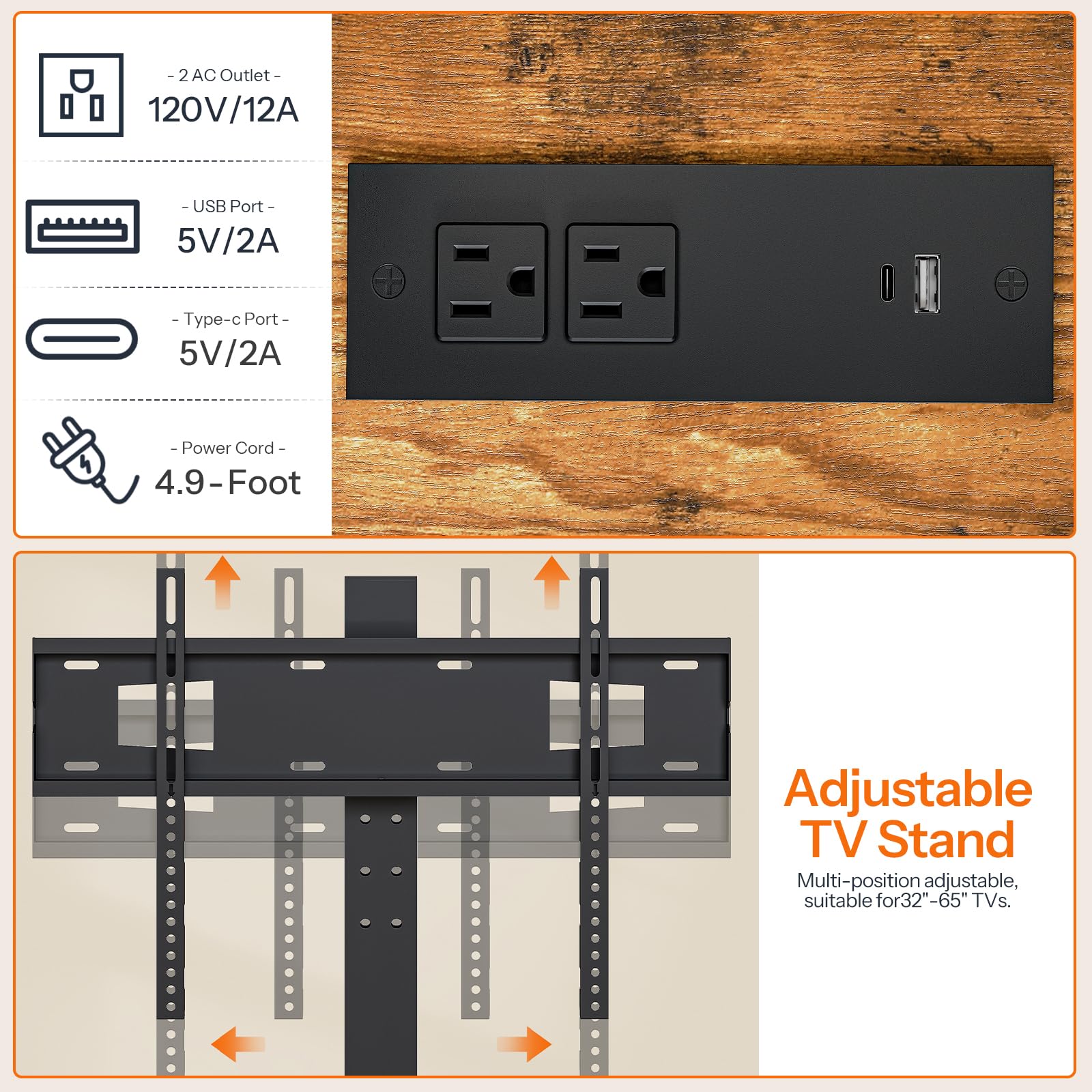 HOOBRO TV Stand with Mount and Power Outlet, for 32/45/55/60/65 inch TVs, Swivel Led Entertainment Center with Drawers, Adjustable Media Console for Living Room, Bedroom, Rustic Brown BF130UDDS01