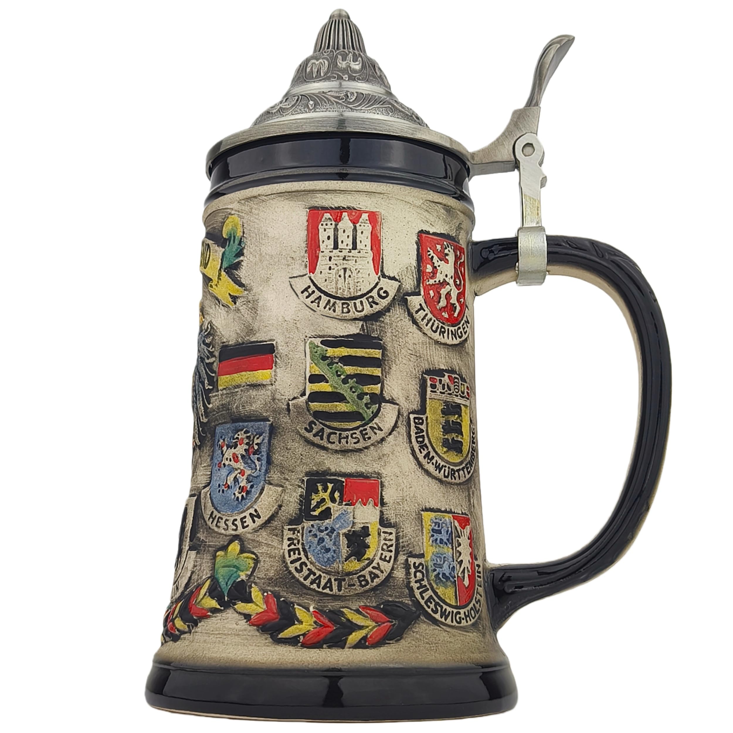 Bierkrug mit Deckel 0,7L – Steinkrug mit Deutschland-Motiv und Bundesländer-Design – Geschenkidee für Männer, Bierliebhaber & Sammler (Rustikal Grau)