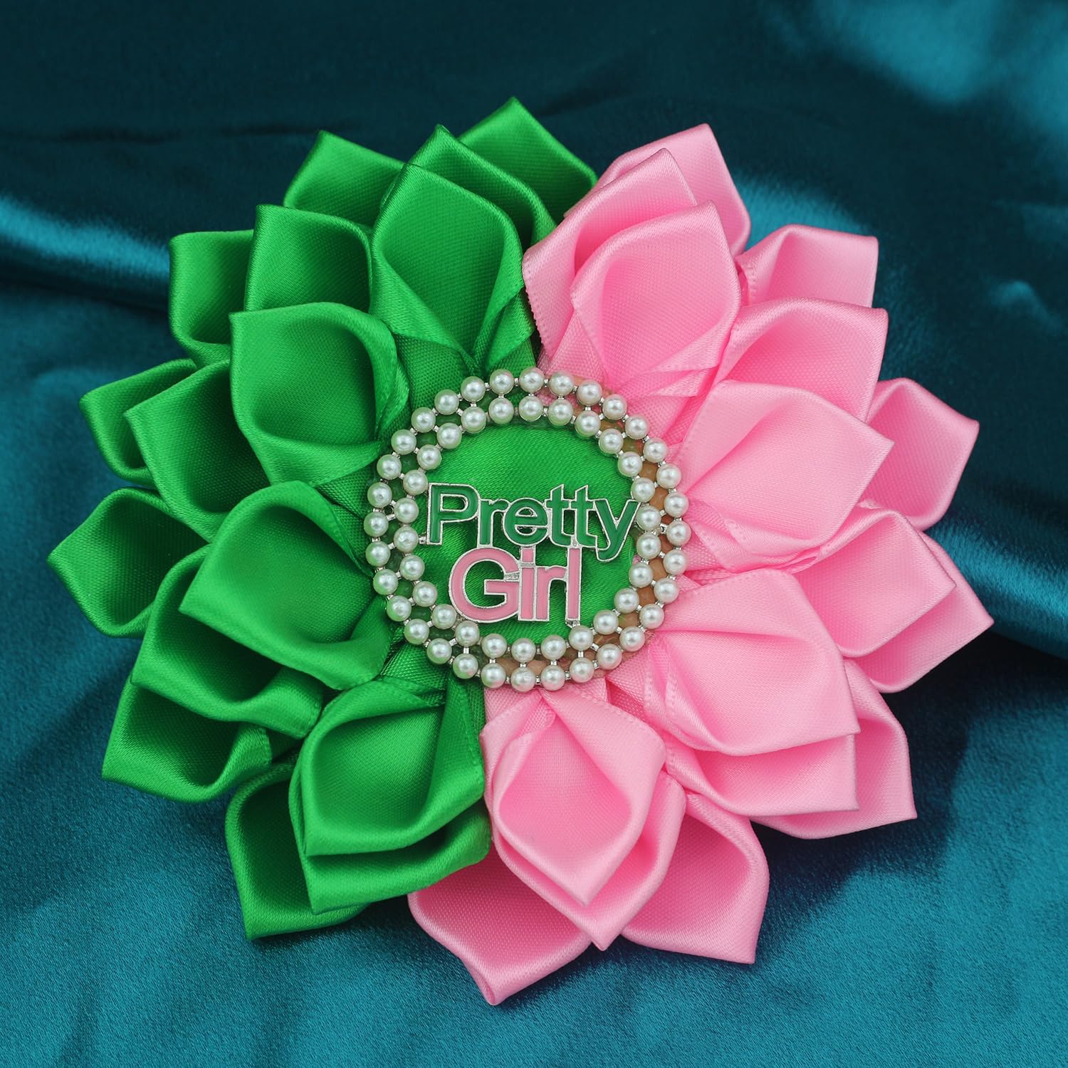 Pearl Sorority Corsage for Women Greek Sorority Brooch Pin Paraphernalia Gift Pink and Green Pretty Jewelry Sisterhood Gift for Soror (Satin 5.5 Flower Pin) - Image 3