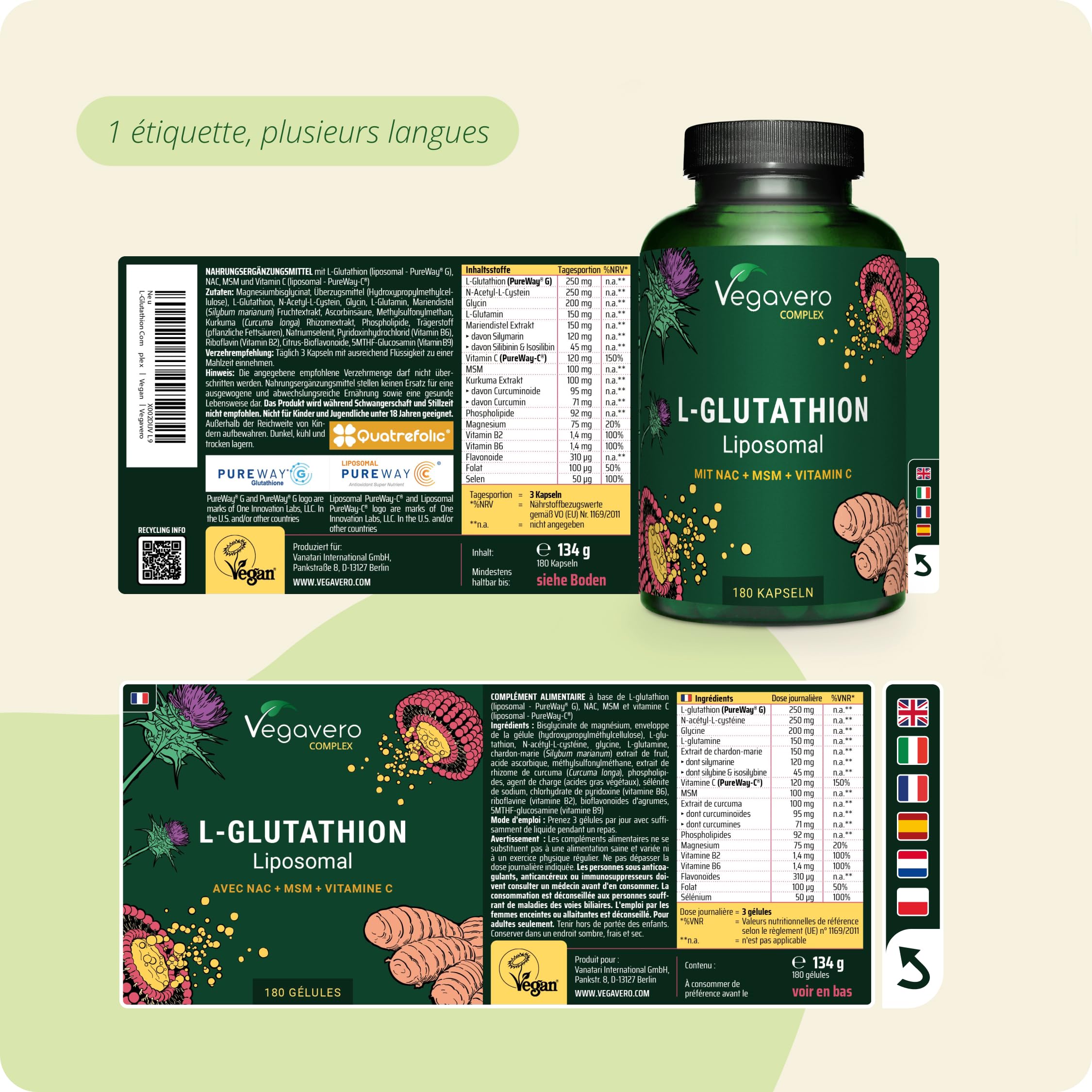 GLUTATHION Liposomal & Réduit à 98% | 180 Gélules | Avec Précurseurs : NAC, Vitamine C, MSM, Glycine | PureWay™- G | Antioxydant + Anti age + Immunité | Vegan & Sans Additifs | Vegavero®