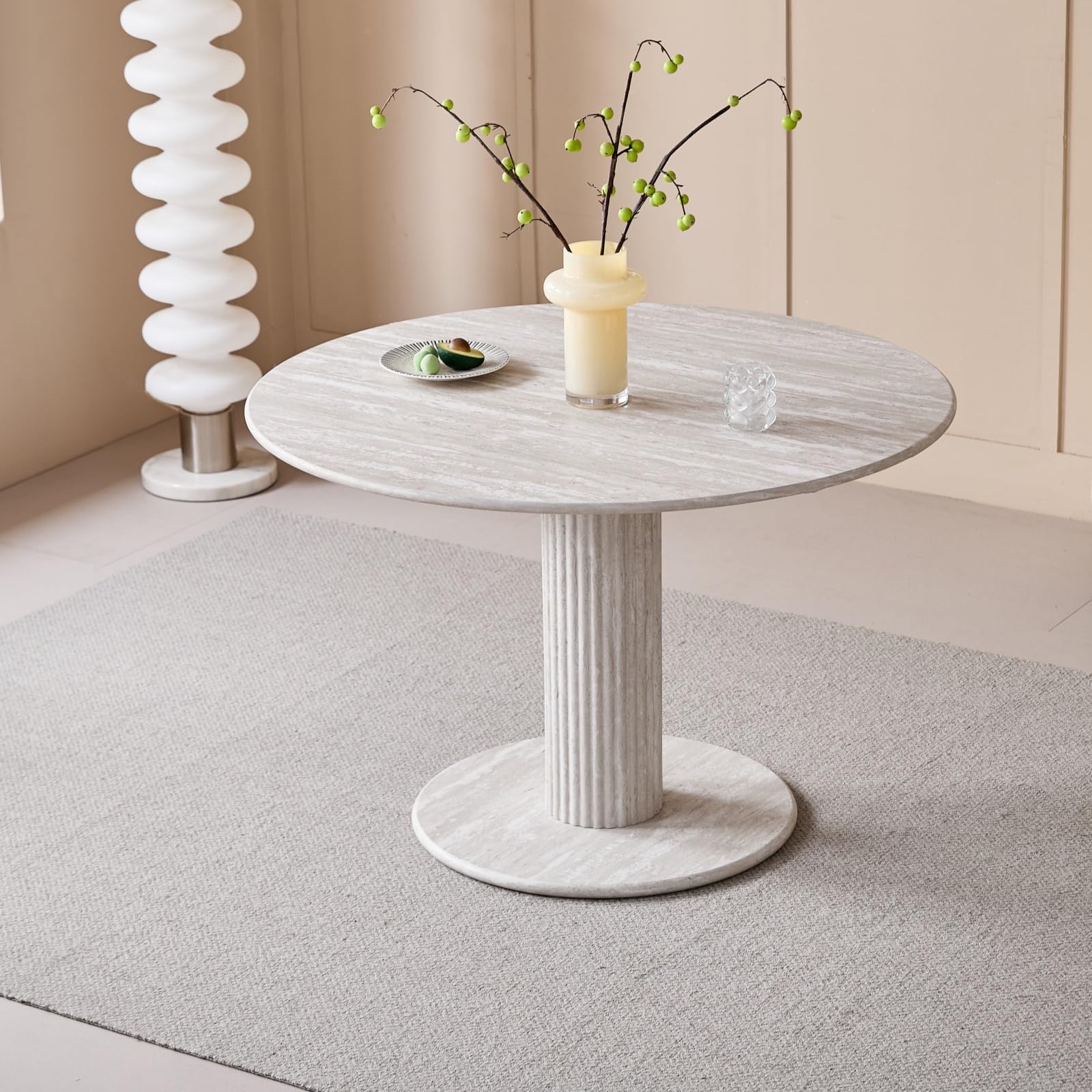 Tavolo da Pranzo Rotondo, Base con Gambe Cilindriche, Effetto Finto Marmo, Tavolo da Pranzo Moderno e Minimalista per Soggiorno o Cucina, 115 x 115 x 75 cm - Travertino Grigio