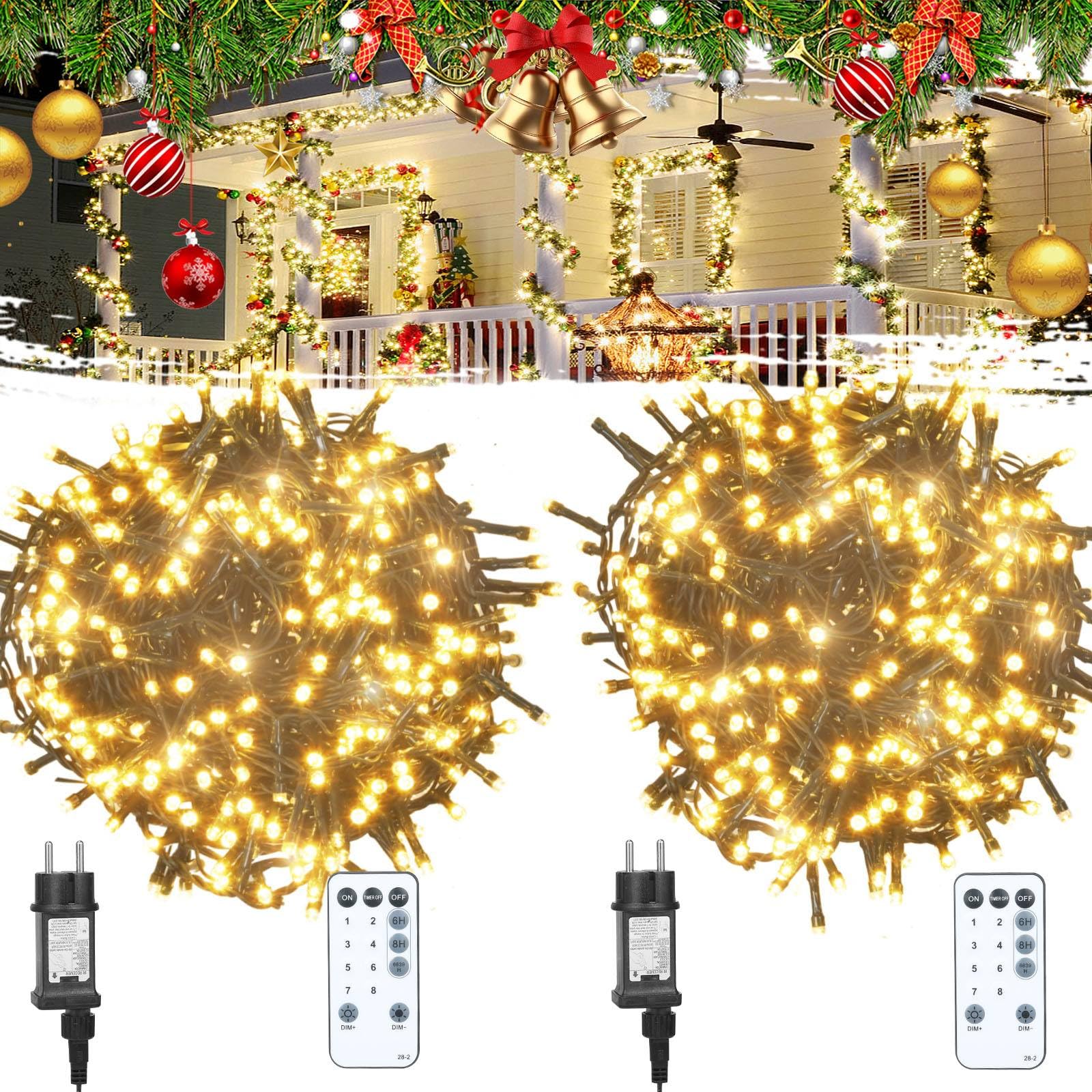 (2 Pezzi)210 LEDs 31M Luci Albero di Natale Esterno Interno Bianco Caldo Catena Luminosa con Telecomando,Spina,8 Modalità e Timer Impermeabile IP65 Lucine Led Decorative per natale, Alberi, Ghirlande