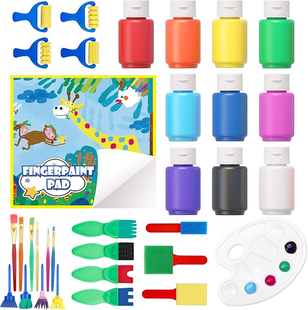 Kids Washable Finger Paints Set, Shuttle Art 33 Pack Non Toxic Kids Painting Set with 10 Colours (60ml) Finger Paints, Paint Pad, Sponge Paint Brushes, Eco Natural for Children and Toddler