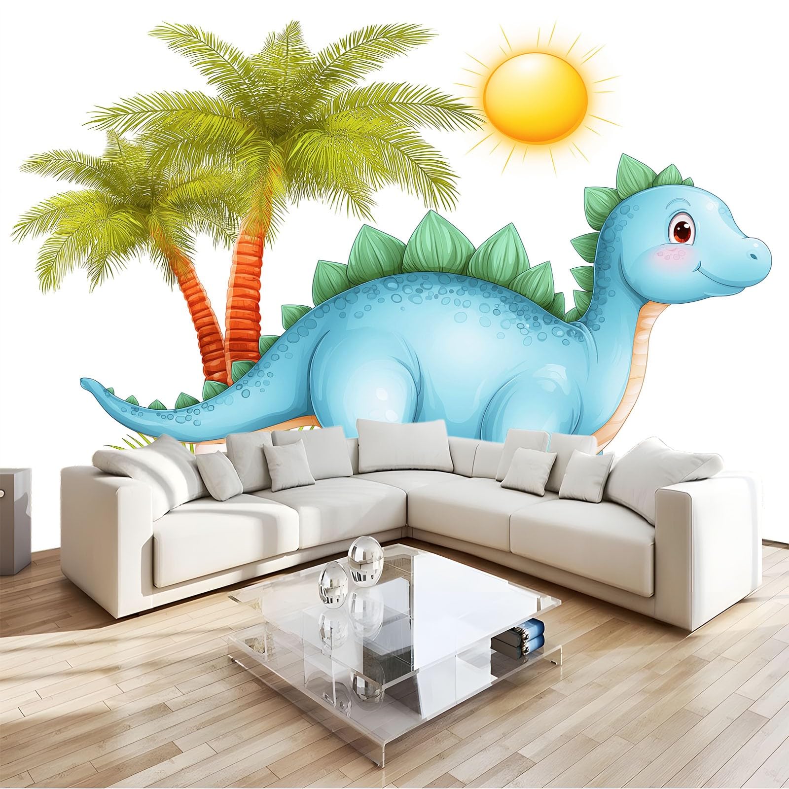 Panoramiczna tapeta Kreskówkowy dinozaur, biała włóknina ścienna tropikalne rośliny 350 x 256 cm dekoracja ścienna plakat obrazy ścienne - obraz 3D gobelin do salonu pokój dziecięcy