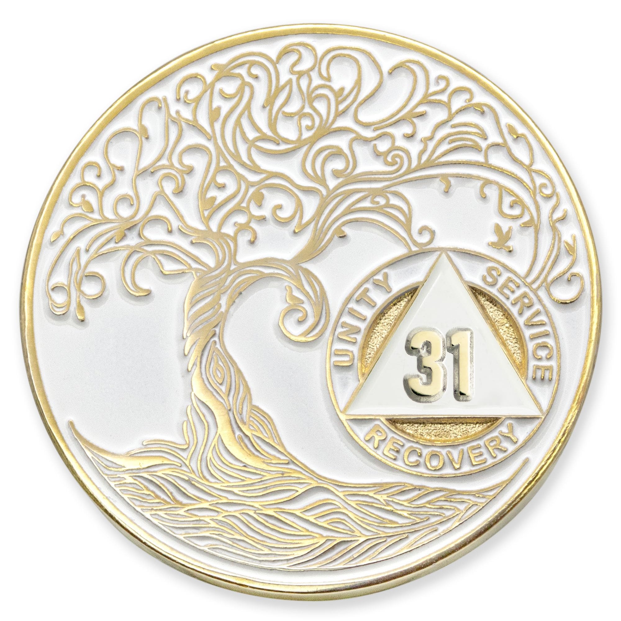 1 to 50 Year Twisted Tree of Life Sobriety Coin - Gold Plated AA Chips &amp; Medallions - 31 Year Sobriety Coin - White