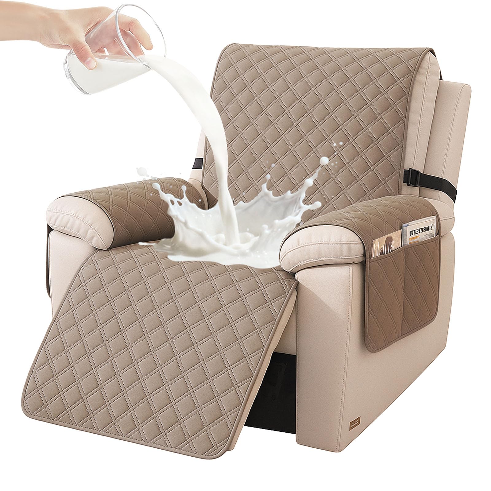 Funda Sillon Relax Reclinable 1 Plaza, Impermeable Funda Sillon, Fundas para Sillones con Bolsillo Laterales, Mascotas, Antiarañazos(1 Asiento, Café Claro) Global Recycled Standard Global Recycled Standard Global Recycled Standard