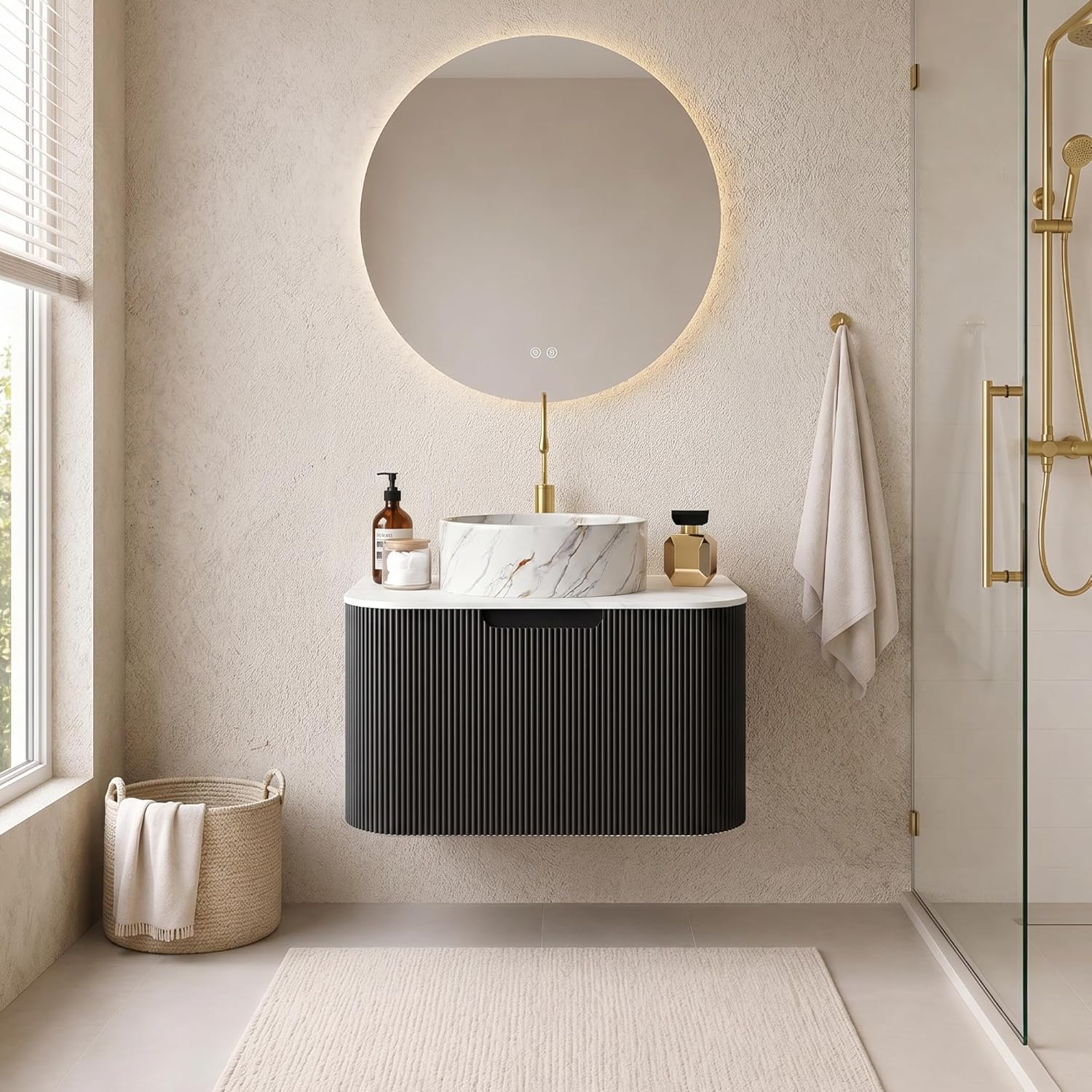 Yayzy 24" Floating Bathroom Vanity with Sink, Solid Wood Fluted Cabinet, White Marble-Patterned Ceramic Basin & Faux Marble Top, Soft-Close Drawer, Pre-Assembled, Gloss Black