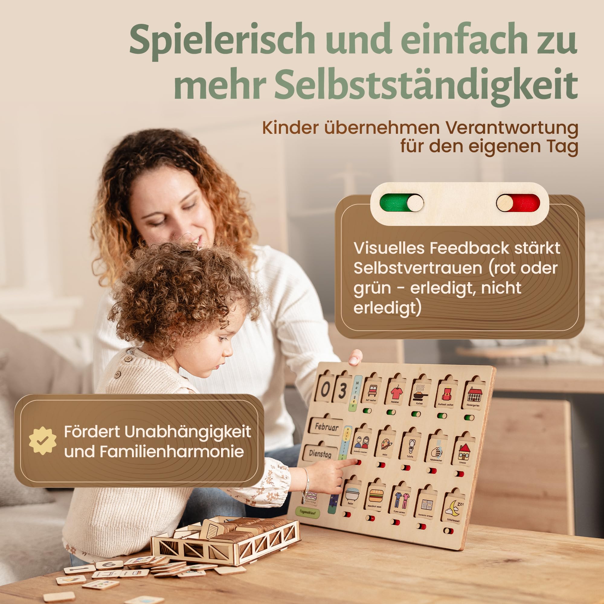 Premium Montessori Kalender & Tagesplaner Holz Kinder - Routinehilfe & Aufgabenplaner für Morgen, Mittag, Abend | Jahreszeiten, Feiertage, Wochentage | 100+ Symbole, Schieberegler & Box