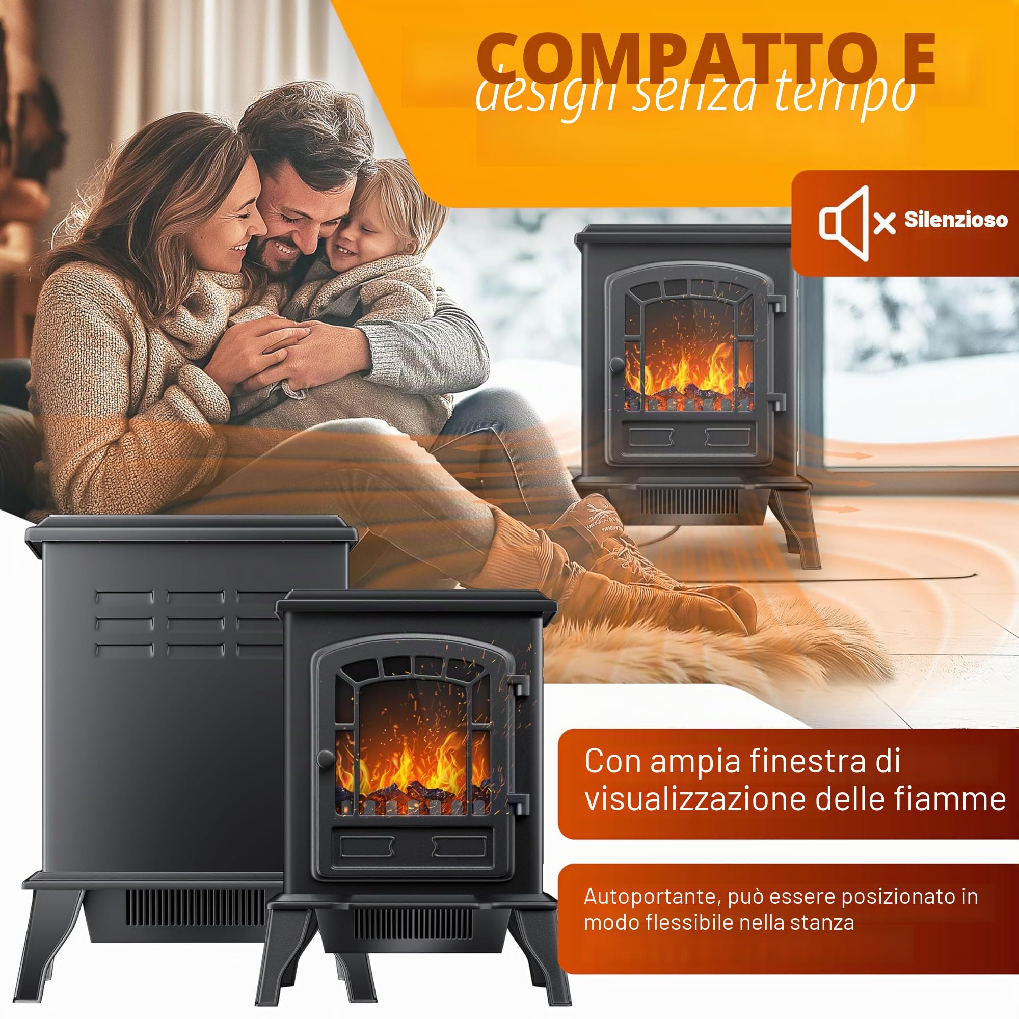 KESSER® Camino elettrico con termoventilatore da 2000W - caminetto elettrico - riscaldamento - effetto fuoco a LED - stufa effetto fiamma - termocamino silenzioso e regolabile, Nero