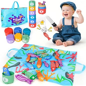 Montessori Toy from 1 Year Fishing Game Baby Toy with Cups & Mat Learning Toy for Numbering Assorted Colours Birthday Gifts for Boys and Girls Aged 1 2 3 Years