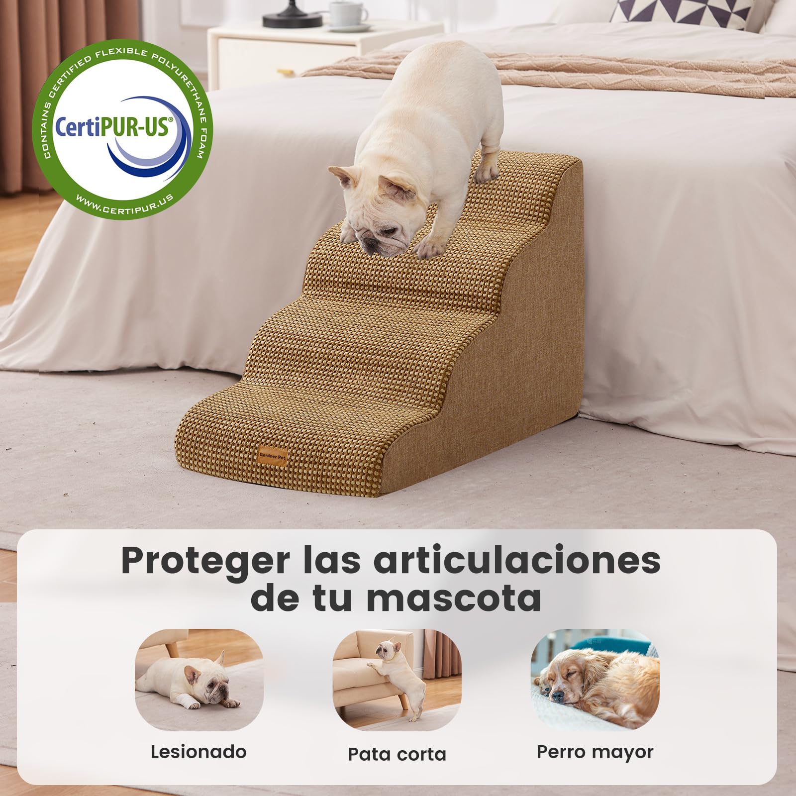 Gardner Pet Escalera para Perros Grade 4 de Espuma de Alta Densidad, 47 cm de Ancho, con Funda extraíble, Antideslizante, facilita el Acceso de Las Mascotas a sofás y Camas - Marrón