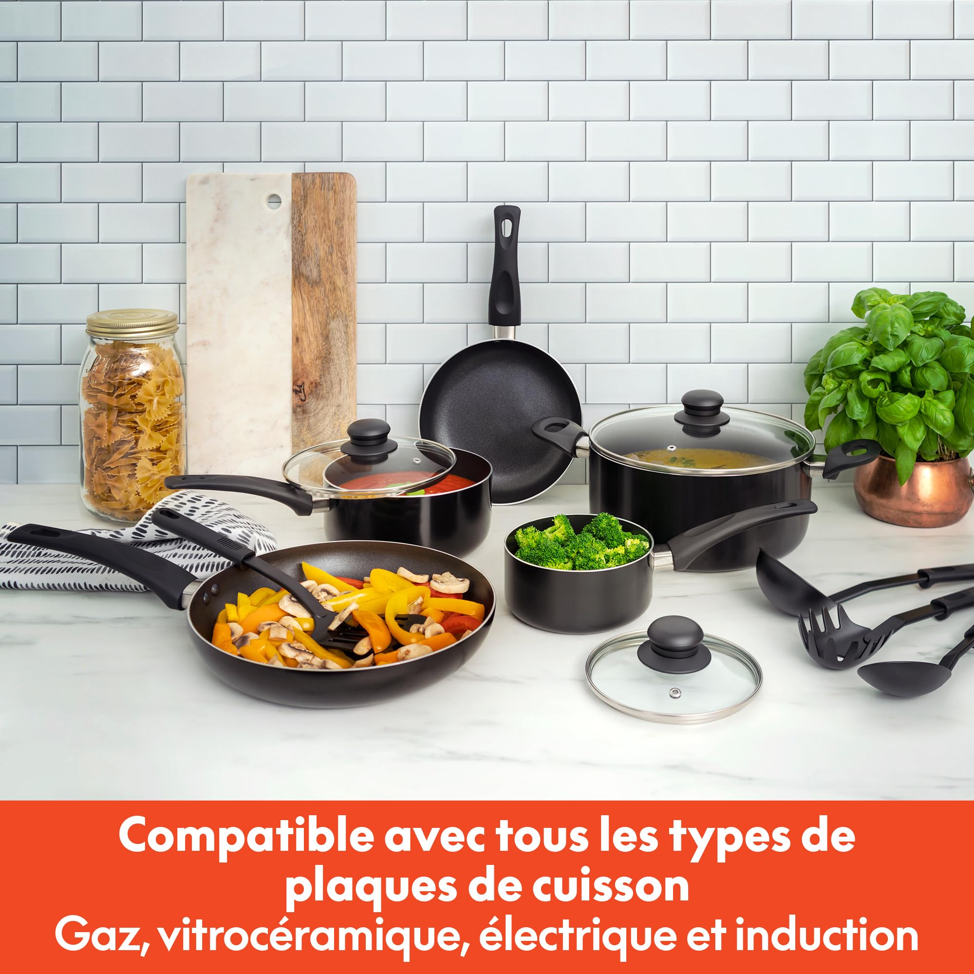 bella Batterie de cuisine, 12 pièces avec ustensiles, antiadhésifs, sans PFOA, surface de cuisson résistante aux rayures, compatible avec toutes les cuisinières, nylon et aluminium, noir
