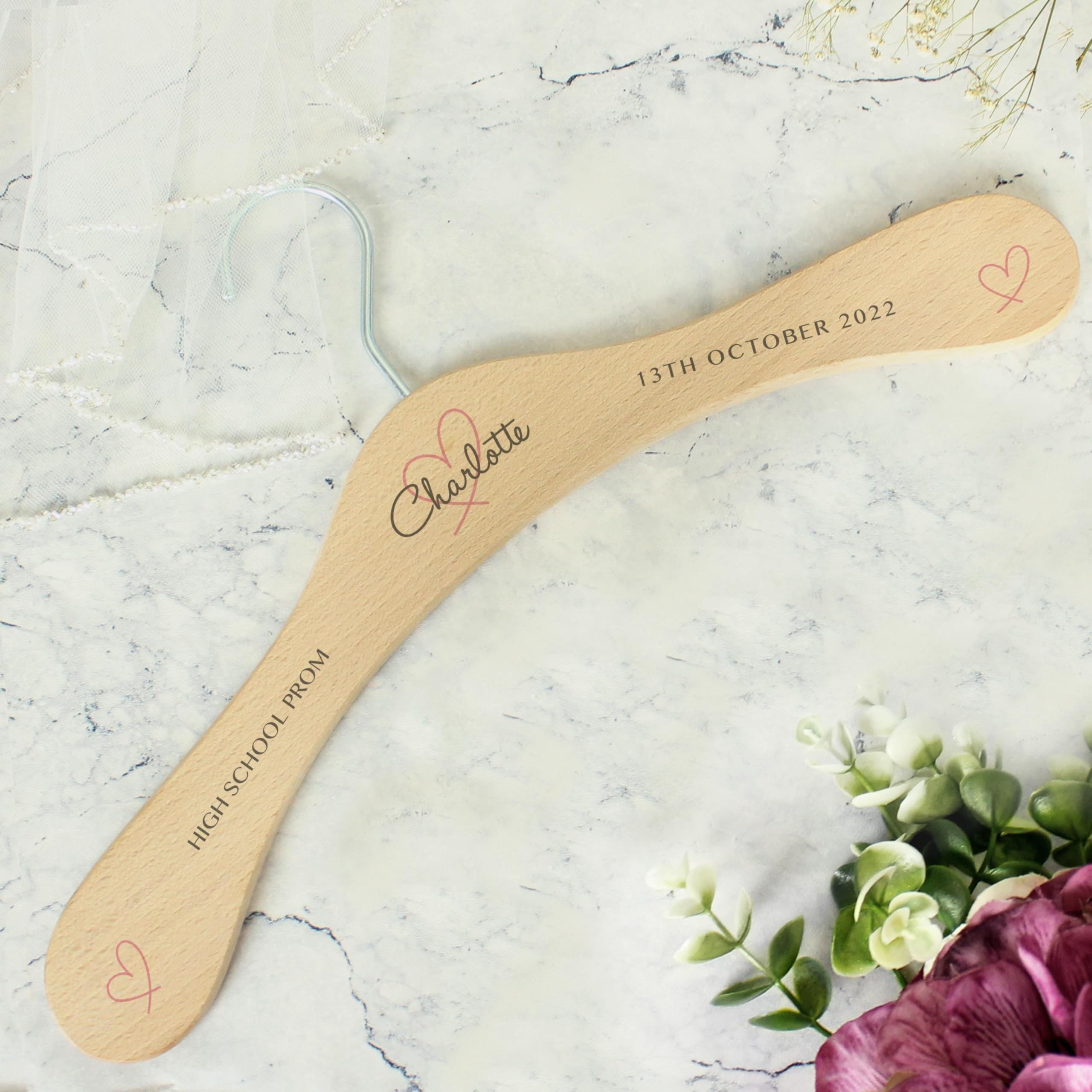 Personalised Heart Wooden Hanger - Wedding, Prom, Party, Dress, Keepsake, Bride, Bridesmaid