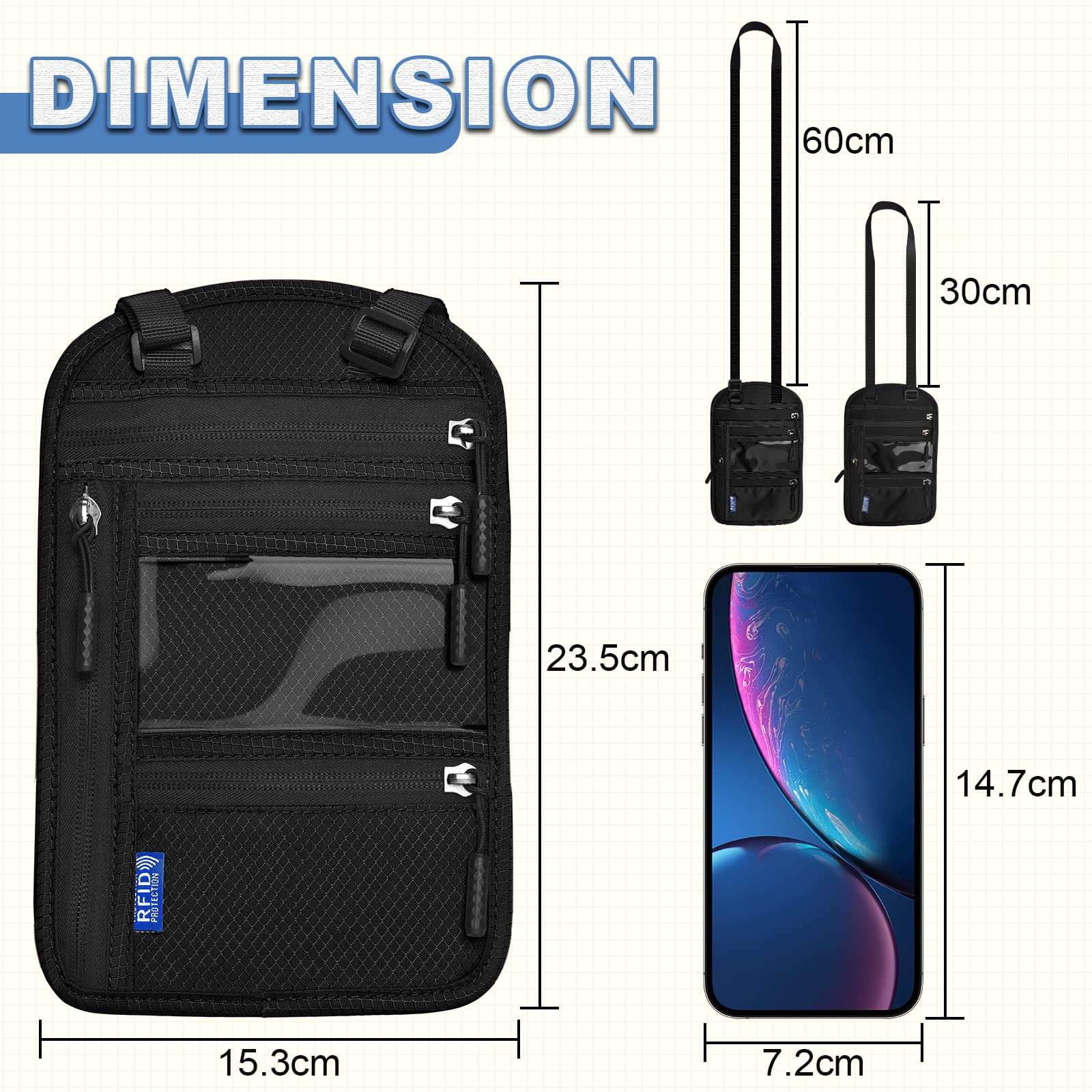 Yordawn Portadocumenti Borsello da Viaggio con Blocco RFID, Porta Passaporto con Tracolla Regolabile, per Uomo e Donna, Impermeabile, Portafoglio per Carte e Contanti Nero