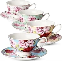 BTaT Floral Porcelain Tea Cups and Saucers Set of 4 (8oz), Vibrant Roses with Gold Trim, Dishwasher Safe, Gift Box - BrewToATea