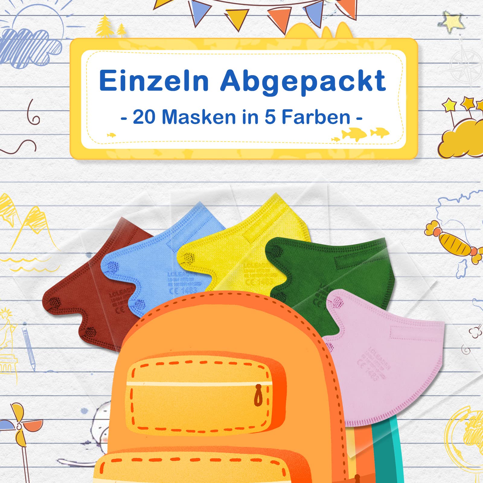 FFP2 Masken Bunt Kleine Größe, Mundschutzmasken Farbig Einzeln Verpackt, Komfortable Sitzende Schutzmasken, 5 Filterlagen Faltbar Staubmaske für Kleine Gesichter 20 Stück