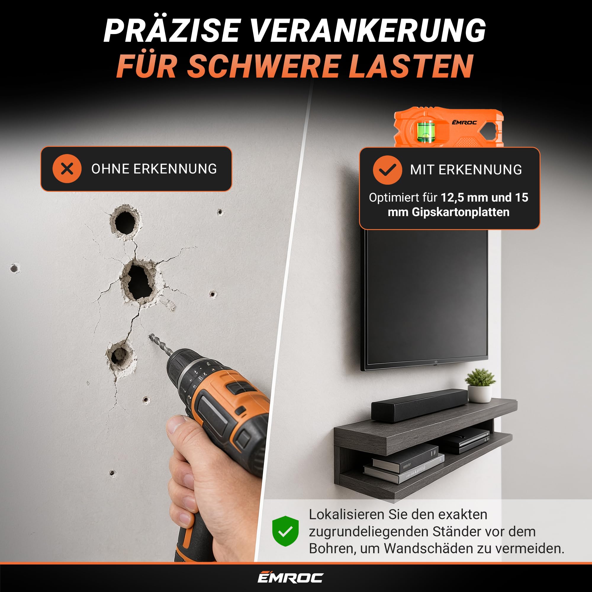 Stud Finder Magnet EMR-M11 - Balkensucher Neodym Trockenbau Rigips | Ohne Batterien | Mit Wasserwaage | Schrauben in Wand finden | Heimwerker & Profis | Französische Marke
