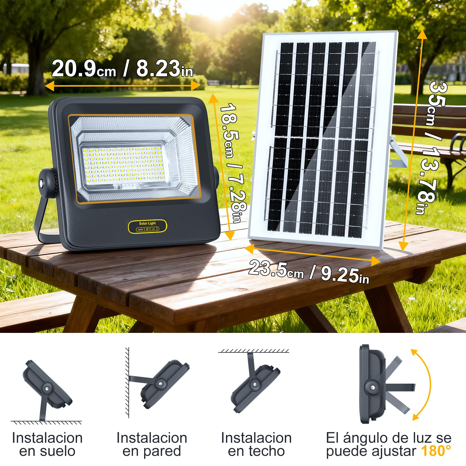 200W Faretto Led da Esterno Solare con Telecomando, 6500K Faro Led Esterno con Pannello solare,10000 mAh,IP67 Impermeabile,Luce Solare Led Esterno per Giardino Garage Parco