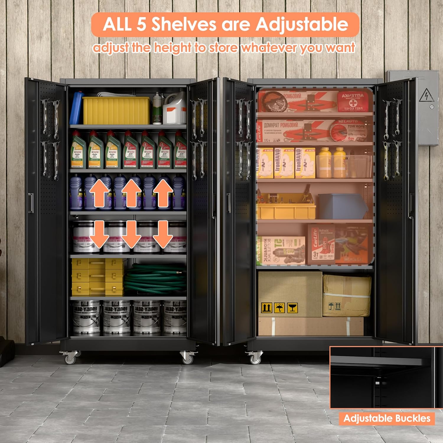 Garage Storage Cabinet with Wheels & Pegboard Doors, Lockable Metal Cabinet with 5 Adjustable Shelves, Rolling Tool Cabinet for Garage, Home, Black, Assembly Required, 71" H x 34" W x 18" D