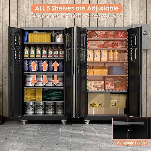 Miniatura 175 de Armario de almacenamiento de garaje con ruedas, gabinete de herramientas de metal de 35.43 pulgadas de alto con tablero de clavijas y 4 ganchos