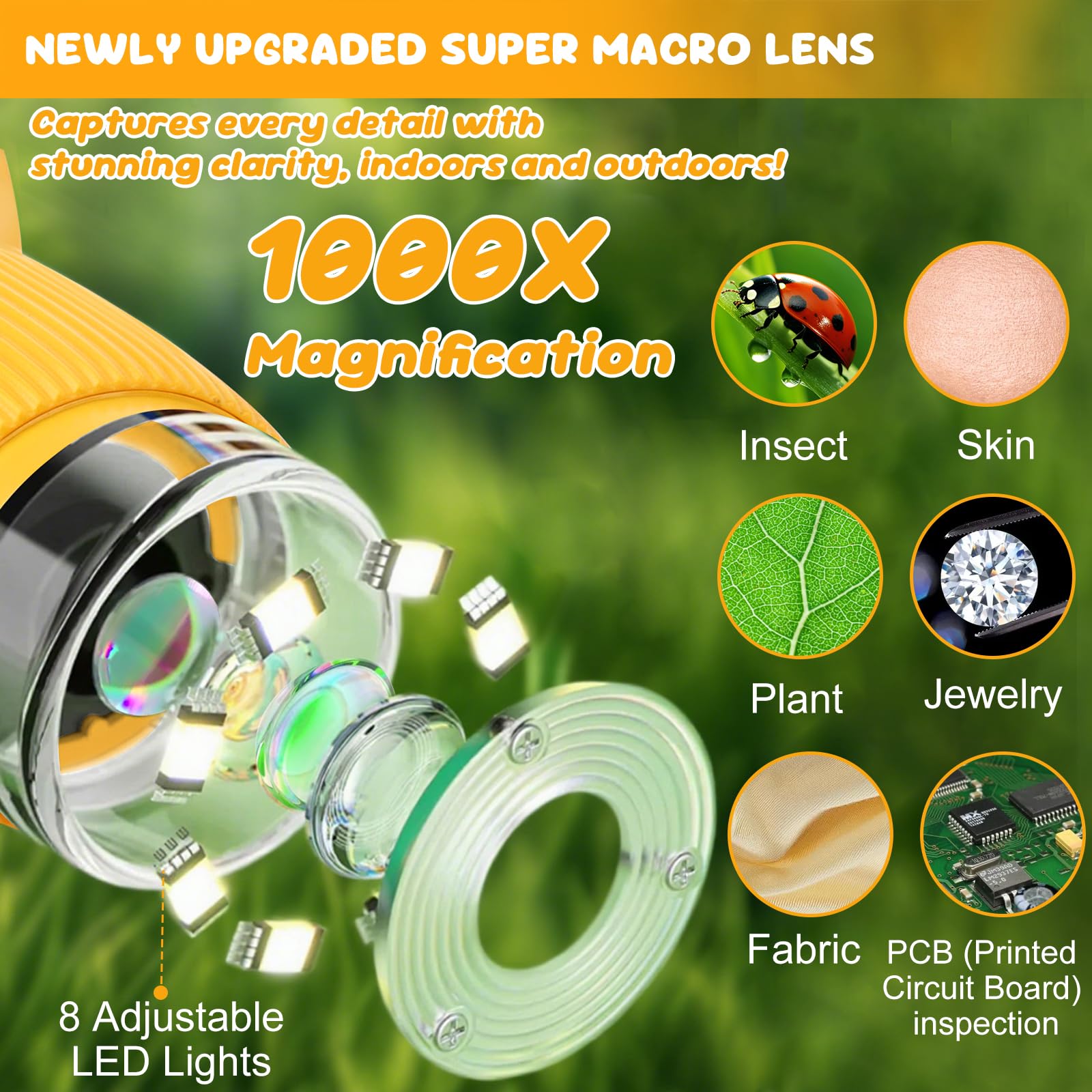 Talifoca Microscopio Portatile per Bambini, 1000x Zoom, Schermo IPS HD da 2 Pollici, LED, USB, Platica, Giallo