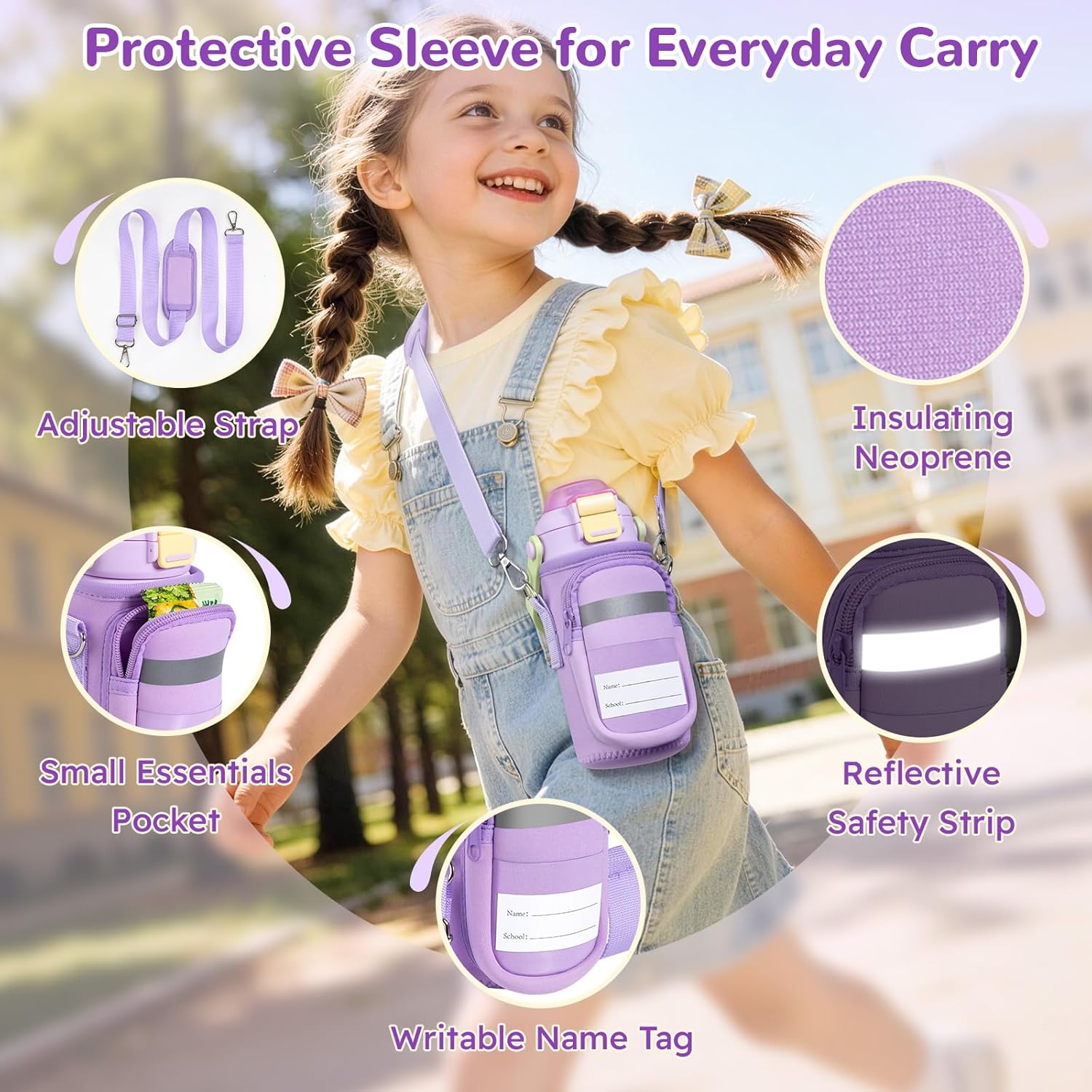 REDSHELL Kids Water Bottle with Carrier Bag, Stainless Steel Toddler Tumbler for School Boys Girls, 14oz Vacuum Insulated Jug with Sling Holder, Cute Sleeve Kid Cup with Straw Lid & Handle, Purple - Image 4