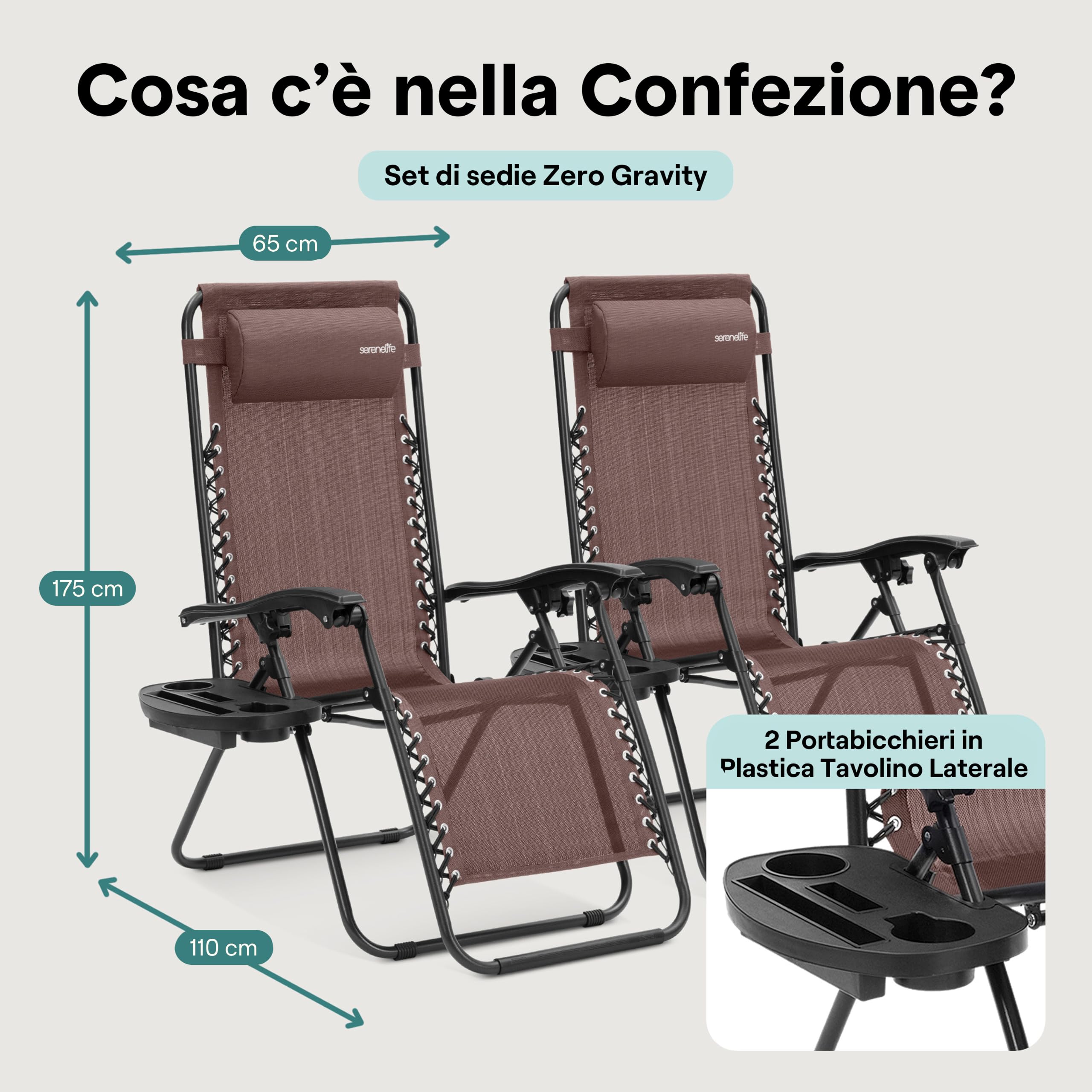 SereneLife Set di 2 Sedie Sdraio Reclinabili da Giardino, Struttura in Rete d’Acciaio, Sedie da Esterno Pieghevoli con Vassoio Portabicchieri Rimovibile e Cuscini Removibili