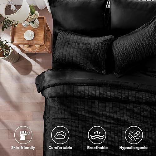 Miniatura 3 de Zzlpp - Juego de edredón tamaño queen, negro, de sirsaca, 7 piezas, para todas las estaciones, incluye 1 edredón, 2 fundas de almohada, 2 fundas