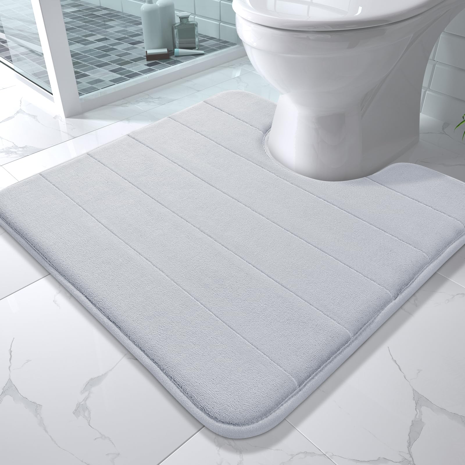 Yimobra Memory Foam Toilet Bath Mat U-Shaped, Soft and Comfortable, Super Water Absorption, Non-Slip, Thick, Machine Wash and Easier to Dry for Bathroom Commode Contour Rug, 24 X 24 Inches, Silver