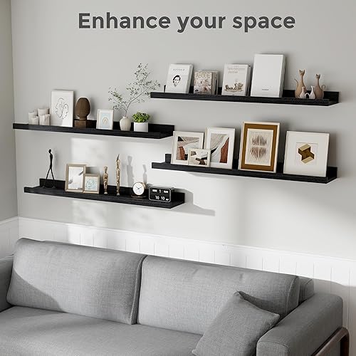 Miniatura 6 de Fun Memories Estantes flotantes montados en la pared de 36 pulgadas de largo, estantes negros para pared con repisa, estantes de pared de madera