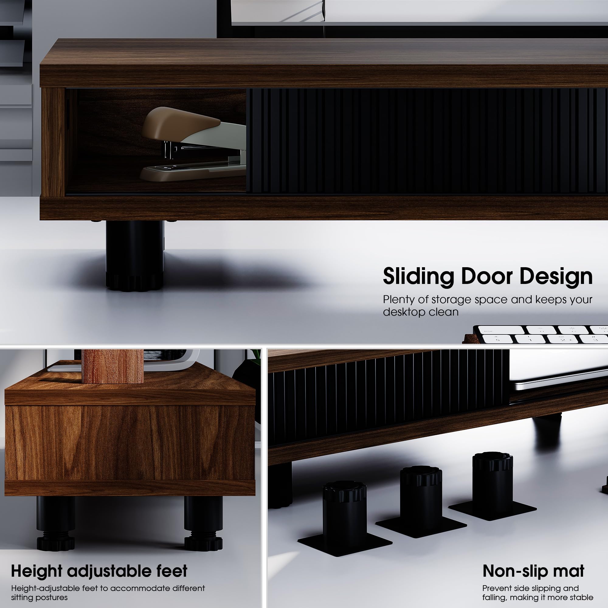 Fenge Monitorständer mit 2 Glas-Schiebetür,Höhenverstellbarer,Braun | Dual Monitorständer,bildschirmerhöhung 2 monitore,schreibtischregal,108x23.5x(15.2-16.7)cm,Tragfähigkeit 50KG