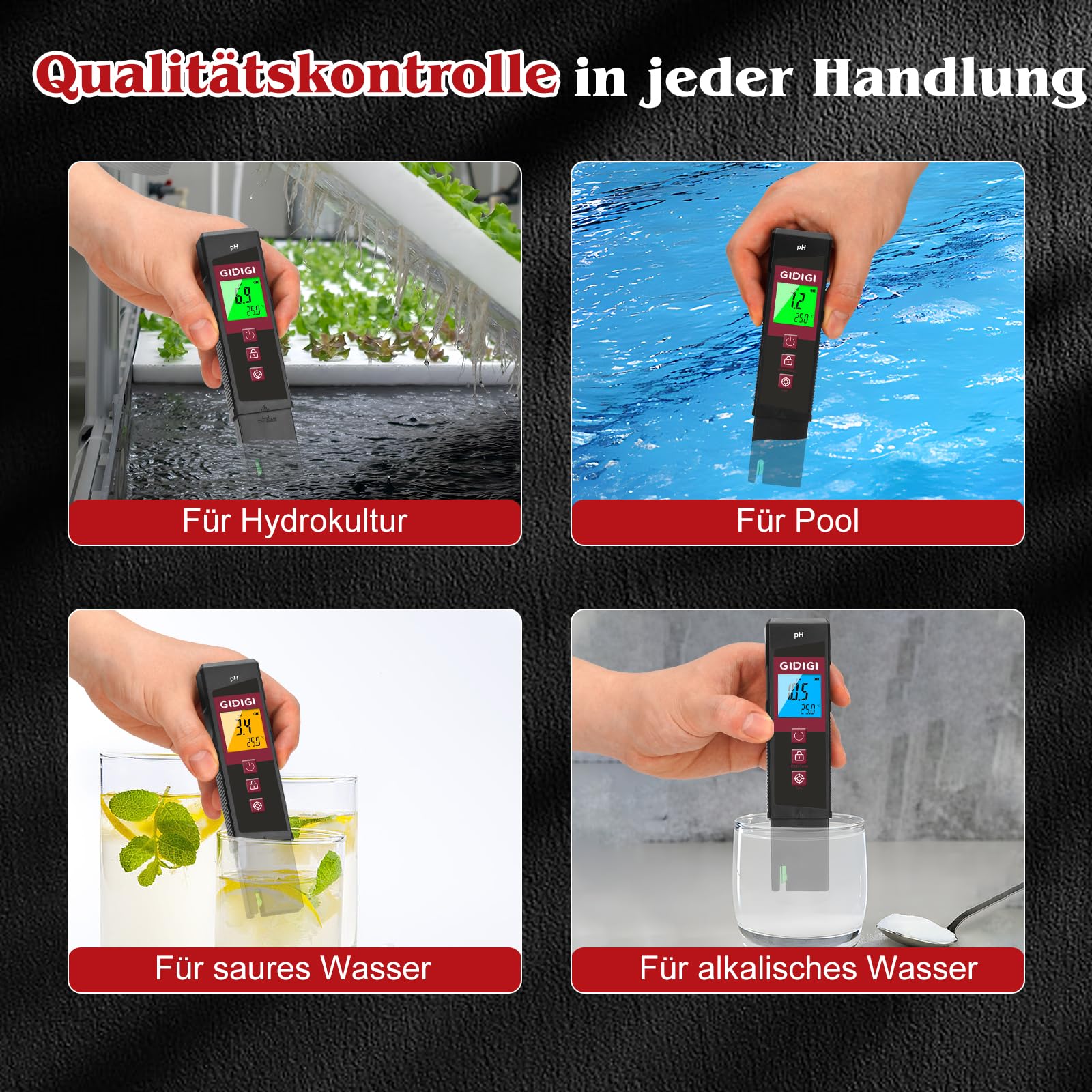 Digitales pH Messgerät für Wasser mit LED, pH-Tester mit Farb-LED-Bildschirm, ATC, für Pool, Hydrokultur, Spa, Aquarium, Trinkwasser