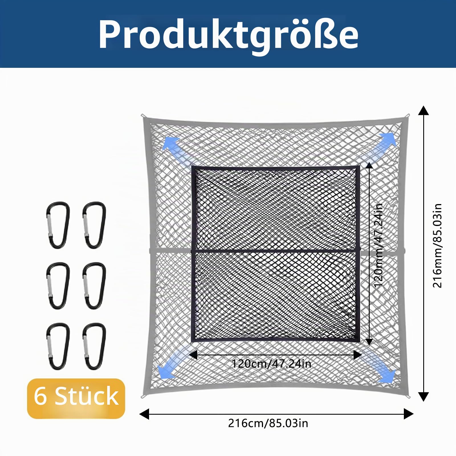 Hochelastisches Gepäcknetz, LKW-Bett-Organizer, 1,2 x 1,2 m dehnbar | bis 2,1 m x 2,1 mgeeignet für tägliche leichte Lasten von LKWs, mit 6 Metallhaken für LKW Auto Wohnmobil(Doppellagig)