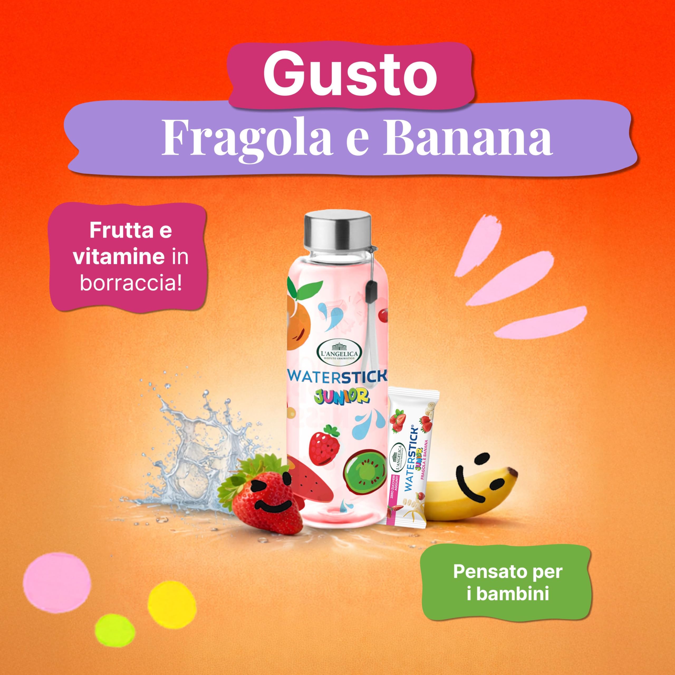 L'Angelica, Waterstick Junior, Gusto Fragola e Banana, Con Frutta, Vitamine, Zero Zuccheri Aggiunti, 6 Astucci da 12 Stick
