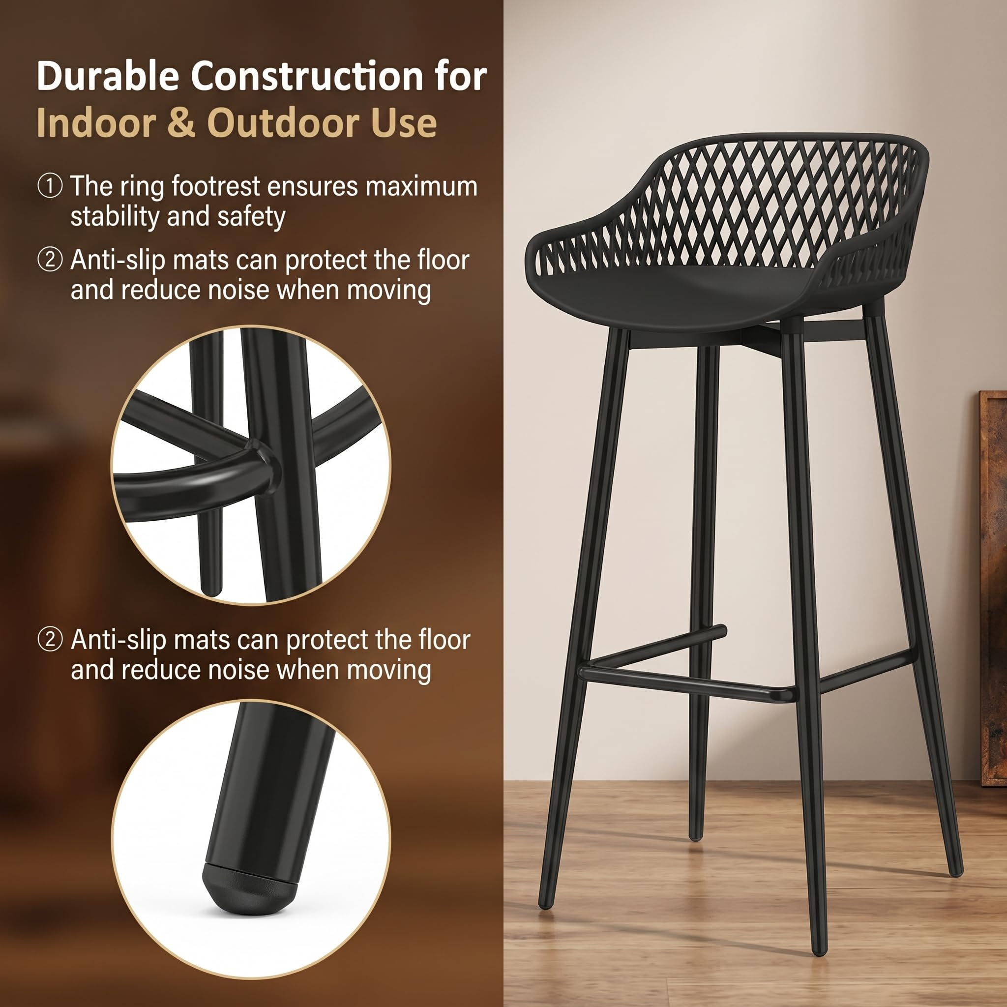 Sgabelli da Bar, Set di 4, con Poggiapiedi e Schienale, Altezza di Seduta di 68cm, Sgabelli Alti, adatti per Cucine, Sale da Pranzo, penisole, Esterno, Giardino e Bar, Nero